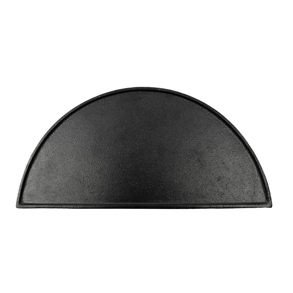 A semicircular black cast iron griddle with a textured surface.