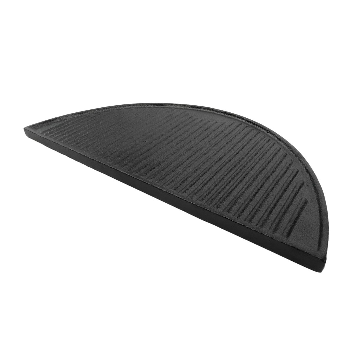 A black, semi-circular cast iron grill plate with ridges.