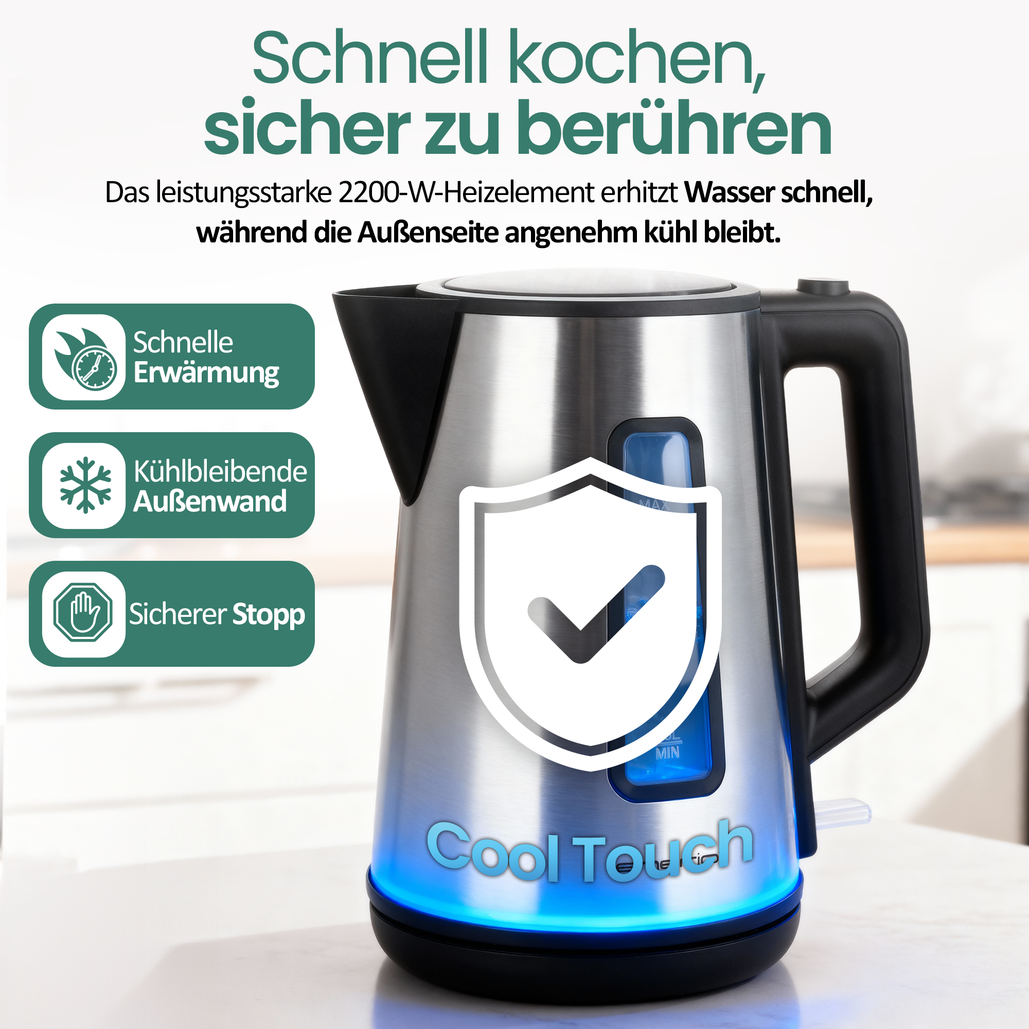 Edelstahl-Wasserkocher mit Cool-Touch-Technologie, schnellem Erhitzen und kühler Außenwand.