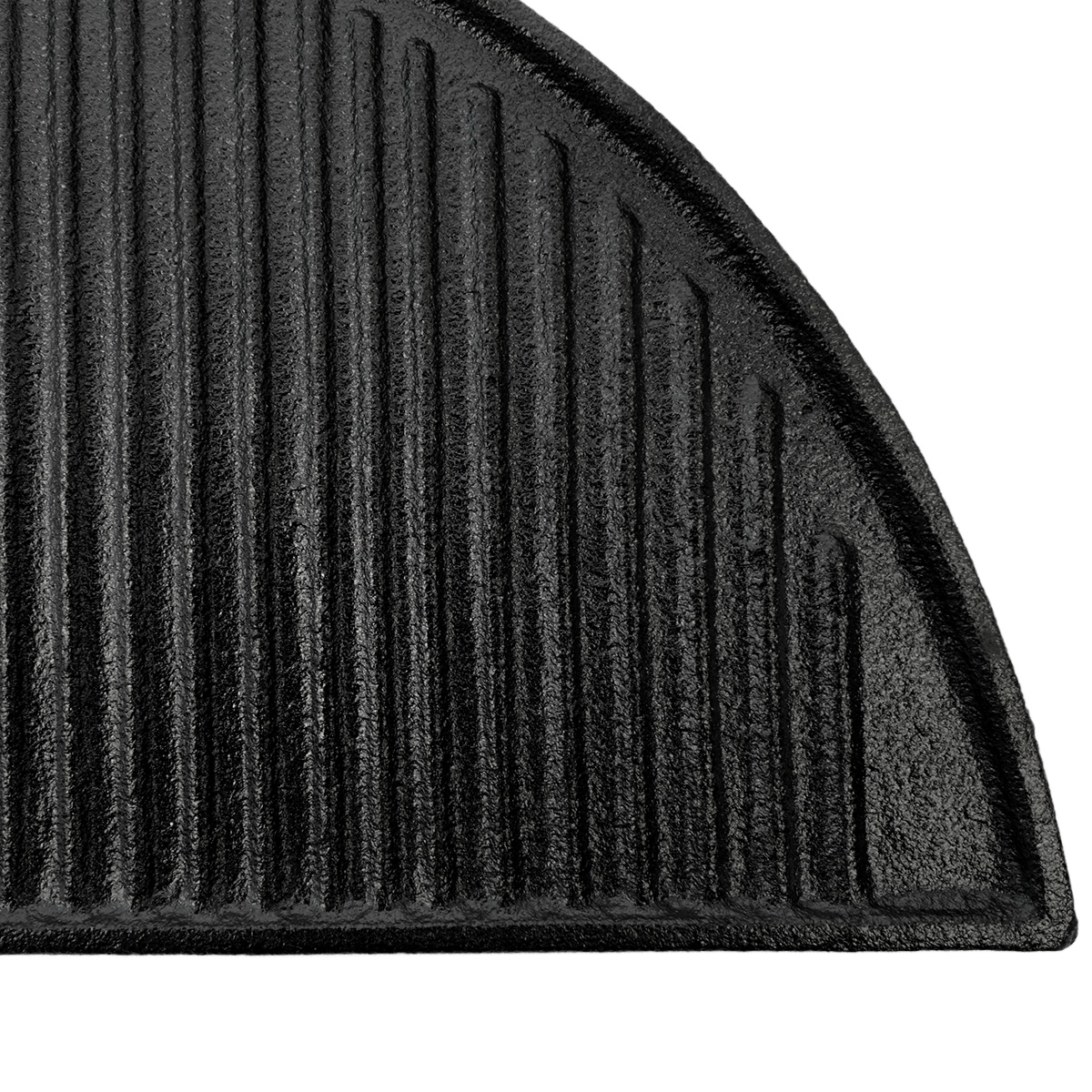 Close-up of a black, ribbed grill plate with a curved edge.