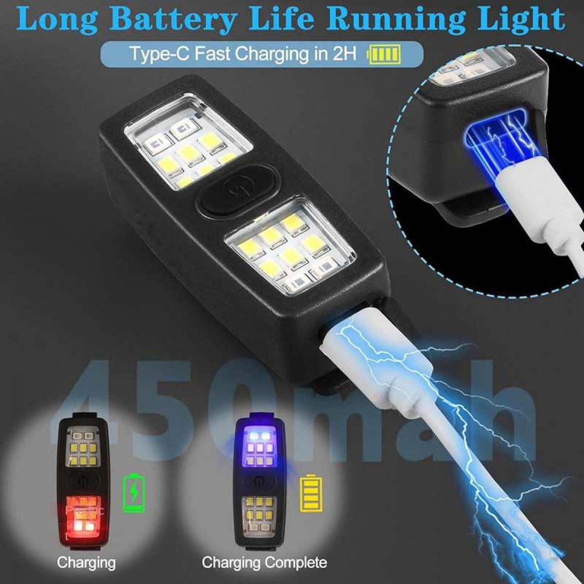 Ein schwarzer LED-Lauflicht wird mit einem weißen USB-C-Kabel aufgeladen.