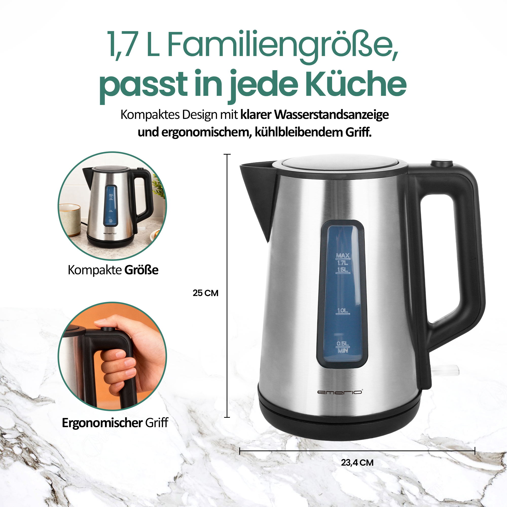 Edelstahl Wasserkocher mit 1,7L Kapazität und Wasserstandsanzeige.