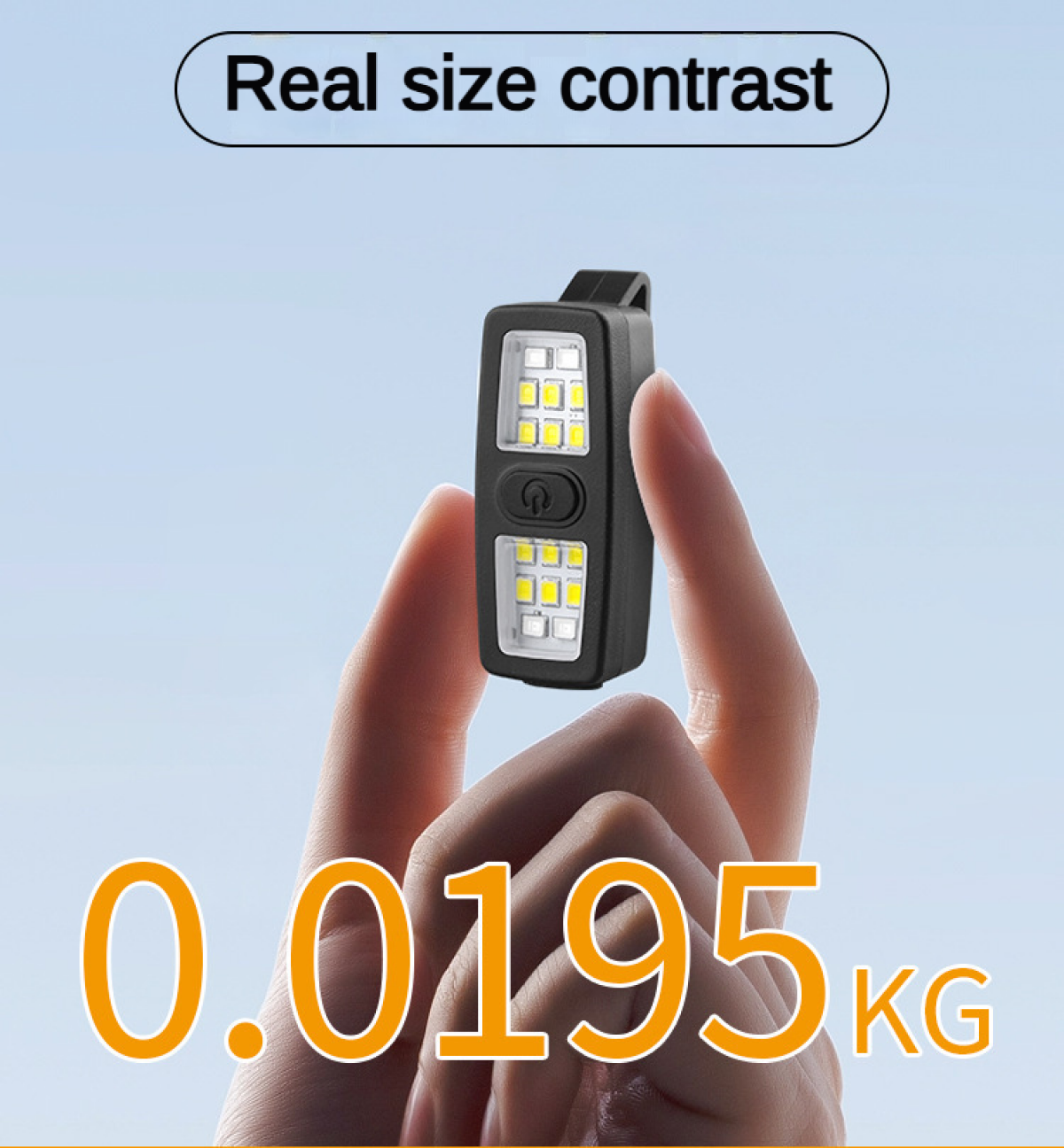 Kleine schwarze Lampe mit LEDs, gehalten von Fingern. Gewicht 0,0195 kg.
