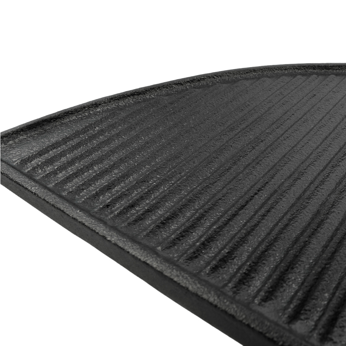 A black cast iron grill plate with parallel ridges.