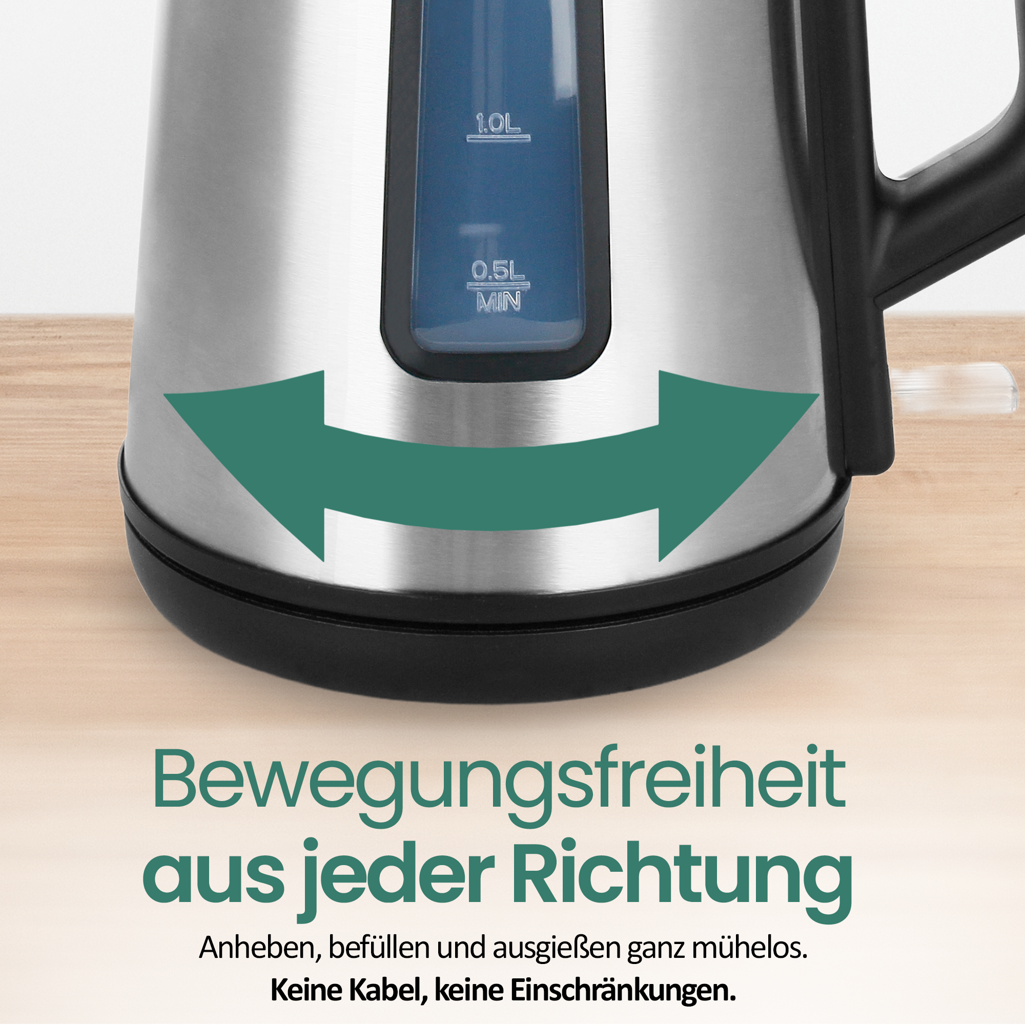 Edelstahl-Wasserkocher mit Wasserstandsanzeige und Pfeilgrafik.