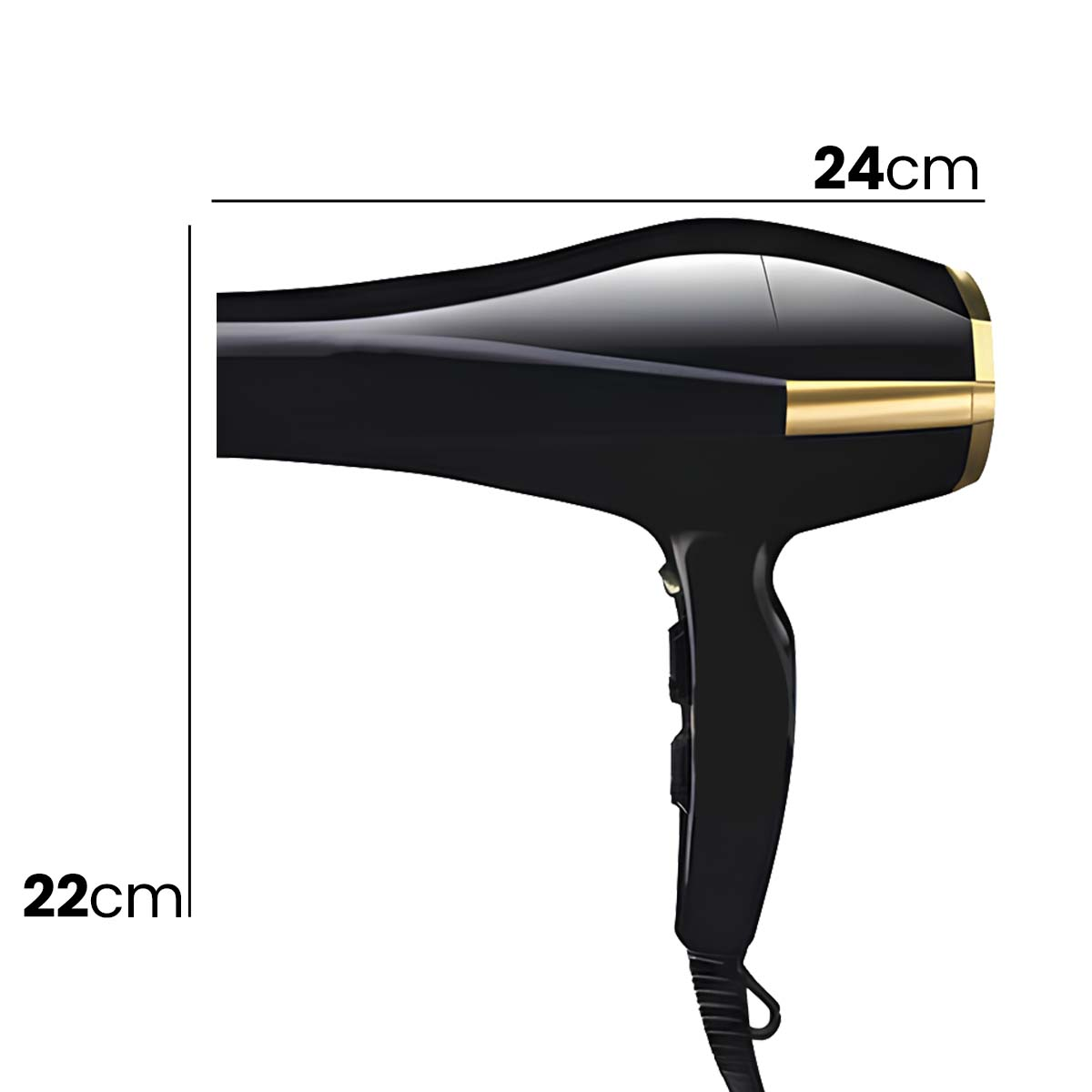 Ein schwarzer Haartrockner mit goldenen Akzenten und Abmessungen von 24cm und 22cm.