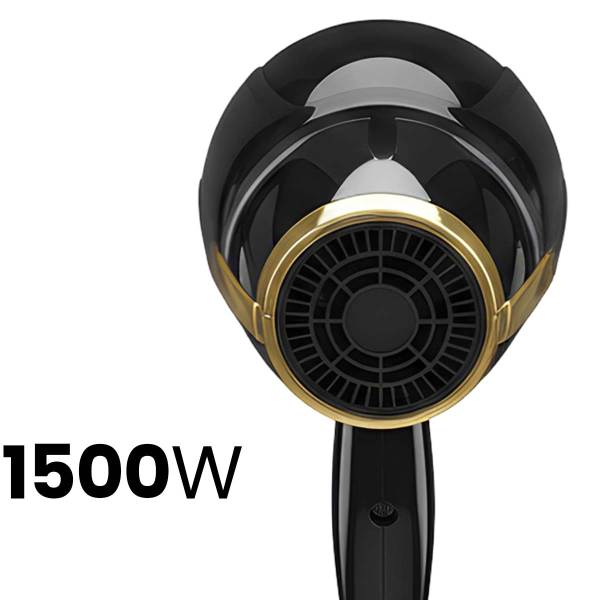 Schwarzer Haartrockner mit goldenem Ring um das Lüftergitter. 1500W.