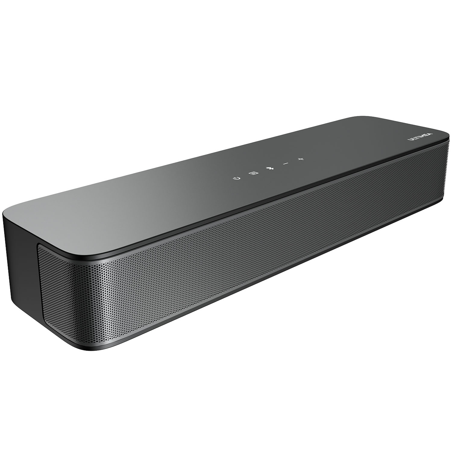Enceinte rectangulaire noire avec façade perforée et commandes tactiles sur le dessus.