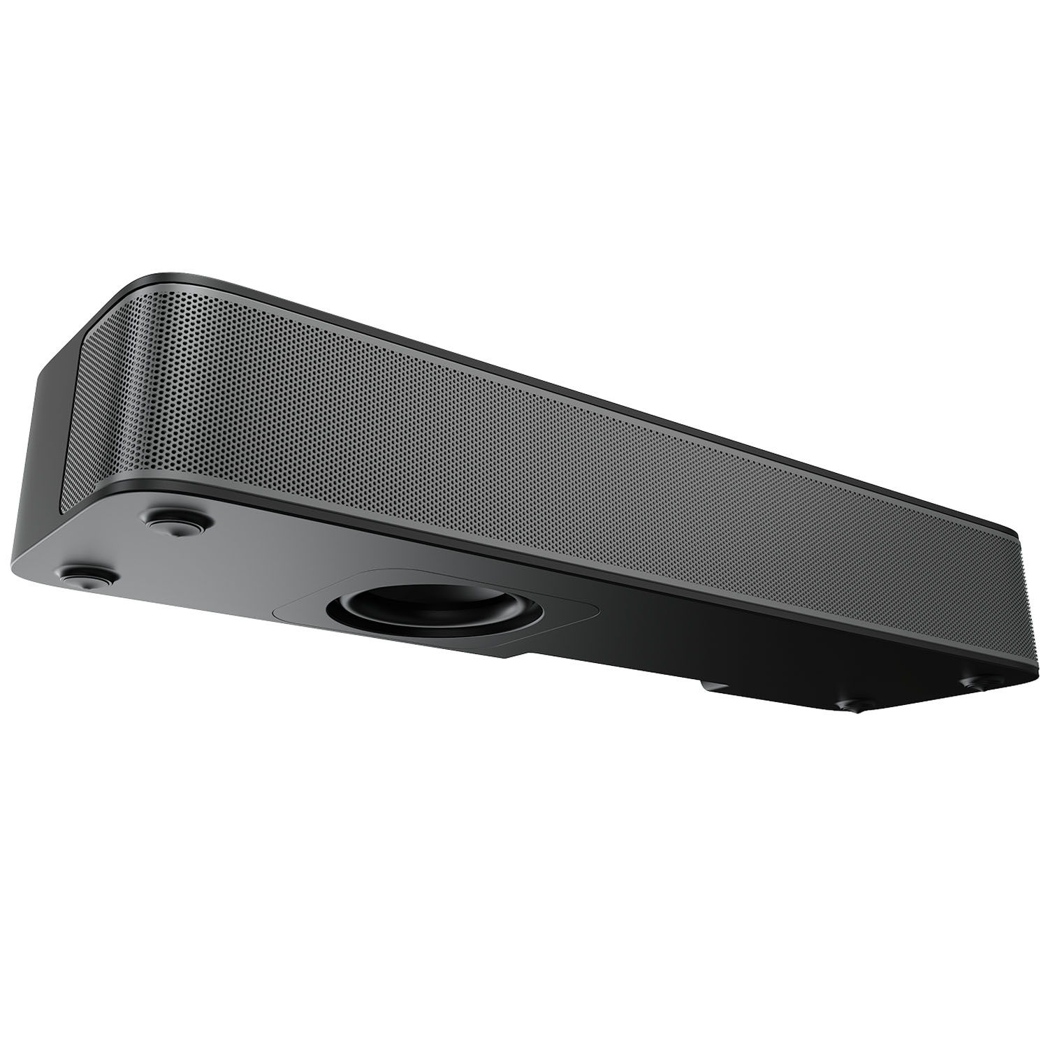 Haut-parleur noir avec grille et un port bass reflex visible dessous.