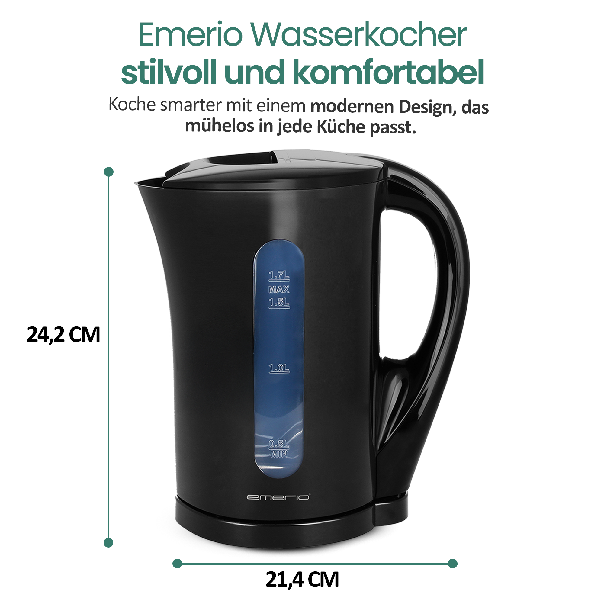 Ein schwarzer Emerio Wasserkocher mit 1.7L Kapazität, 24.2 cm hoch.