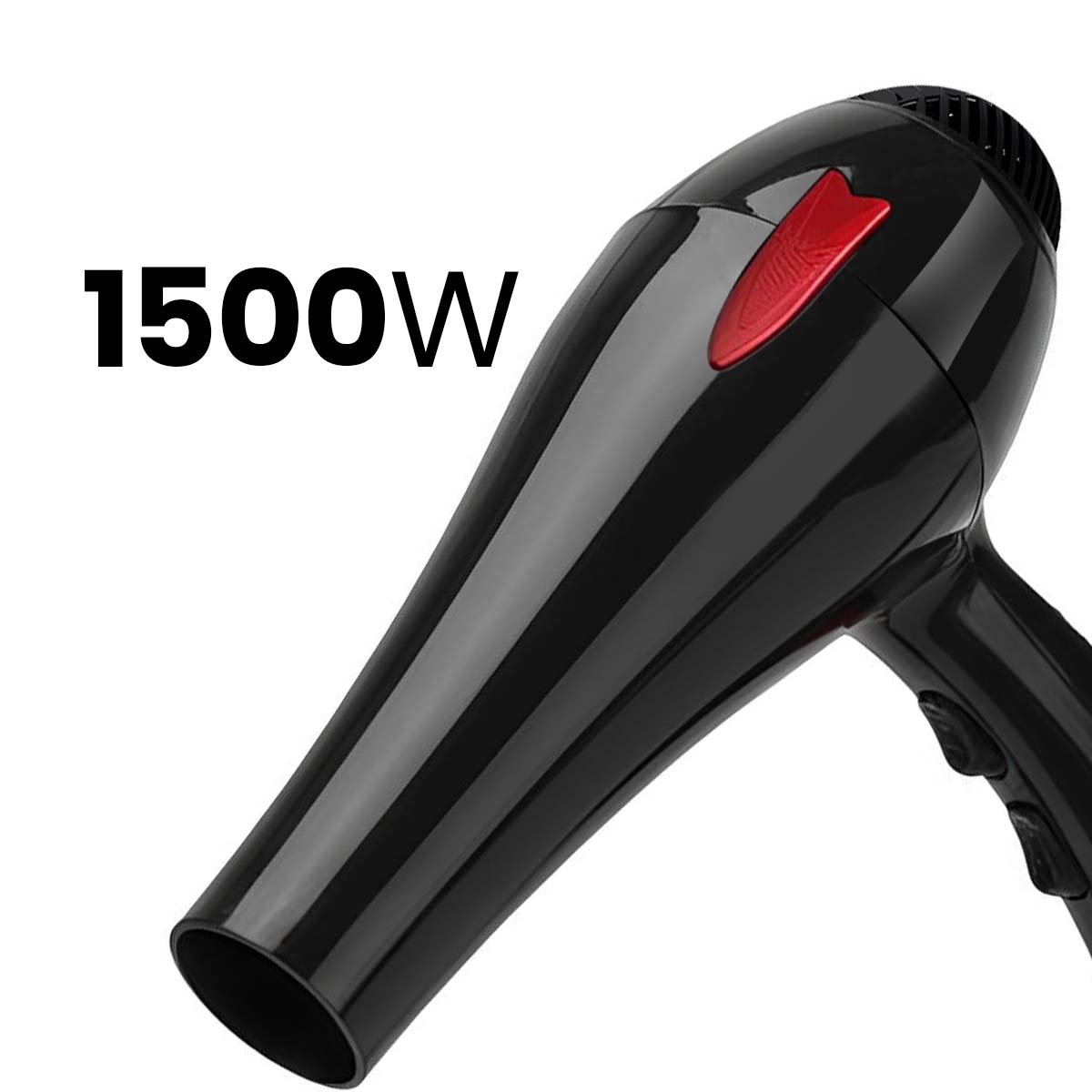 Schwarzer 1500W Haartrockner mit rotem Akzent und Bedienelementen.