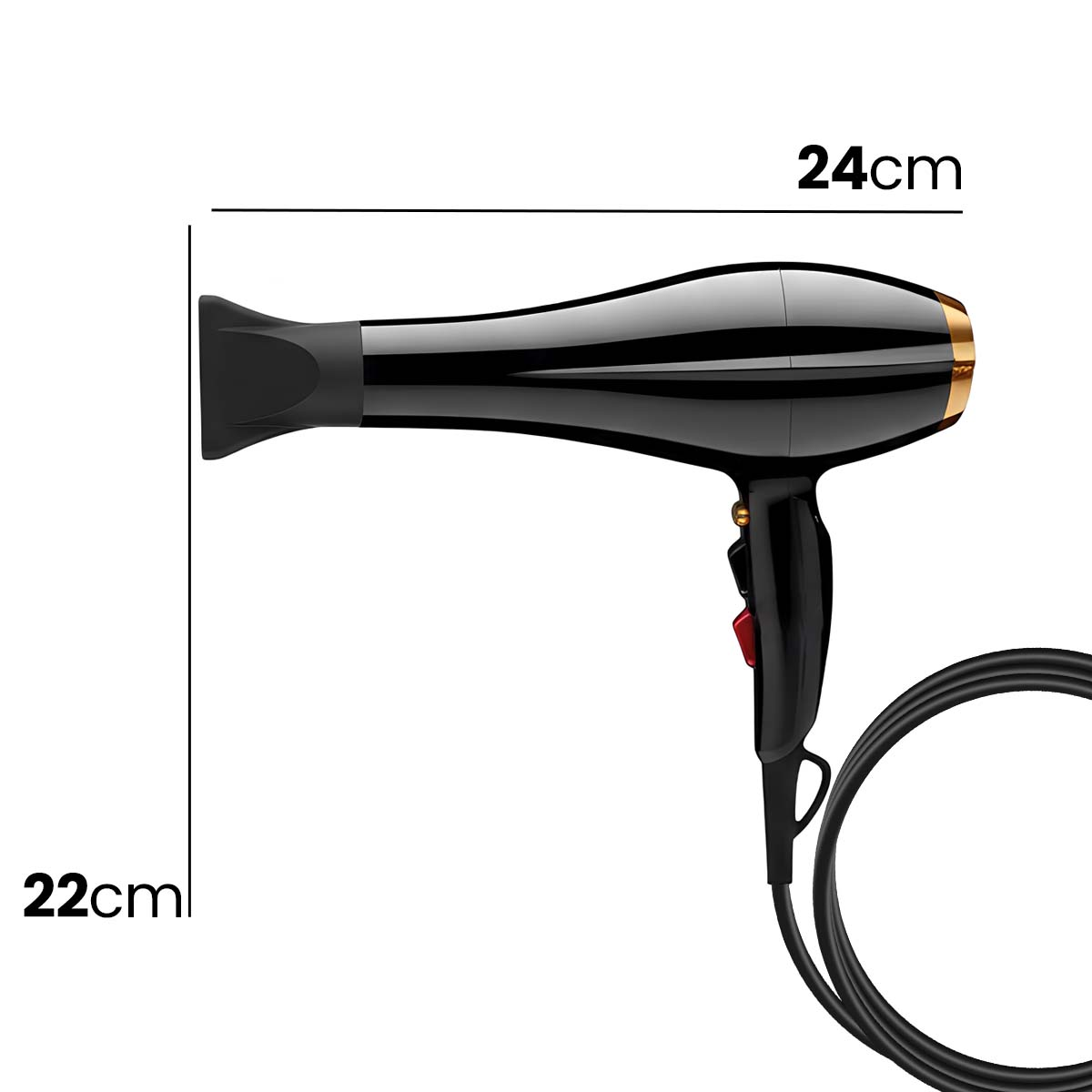 Schwarzer Haartrockner mit goldener Kappe, 24cm lang, 22cm hoch.