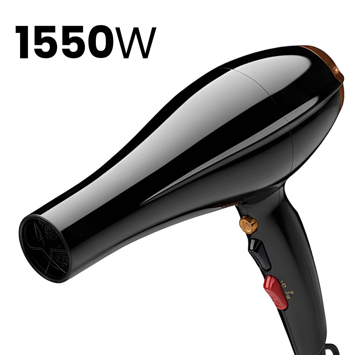 Schwarzer Haartrockner mit 1550W Leistung, goldene Akzente.