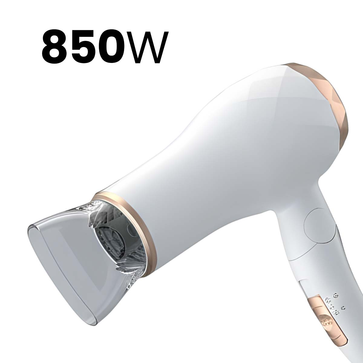 Ein weißer Haartrockner mit goldenen Akzenten und der Angabe 850W.