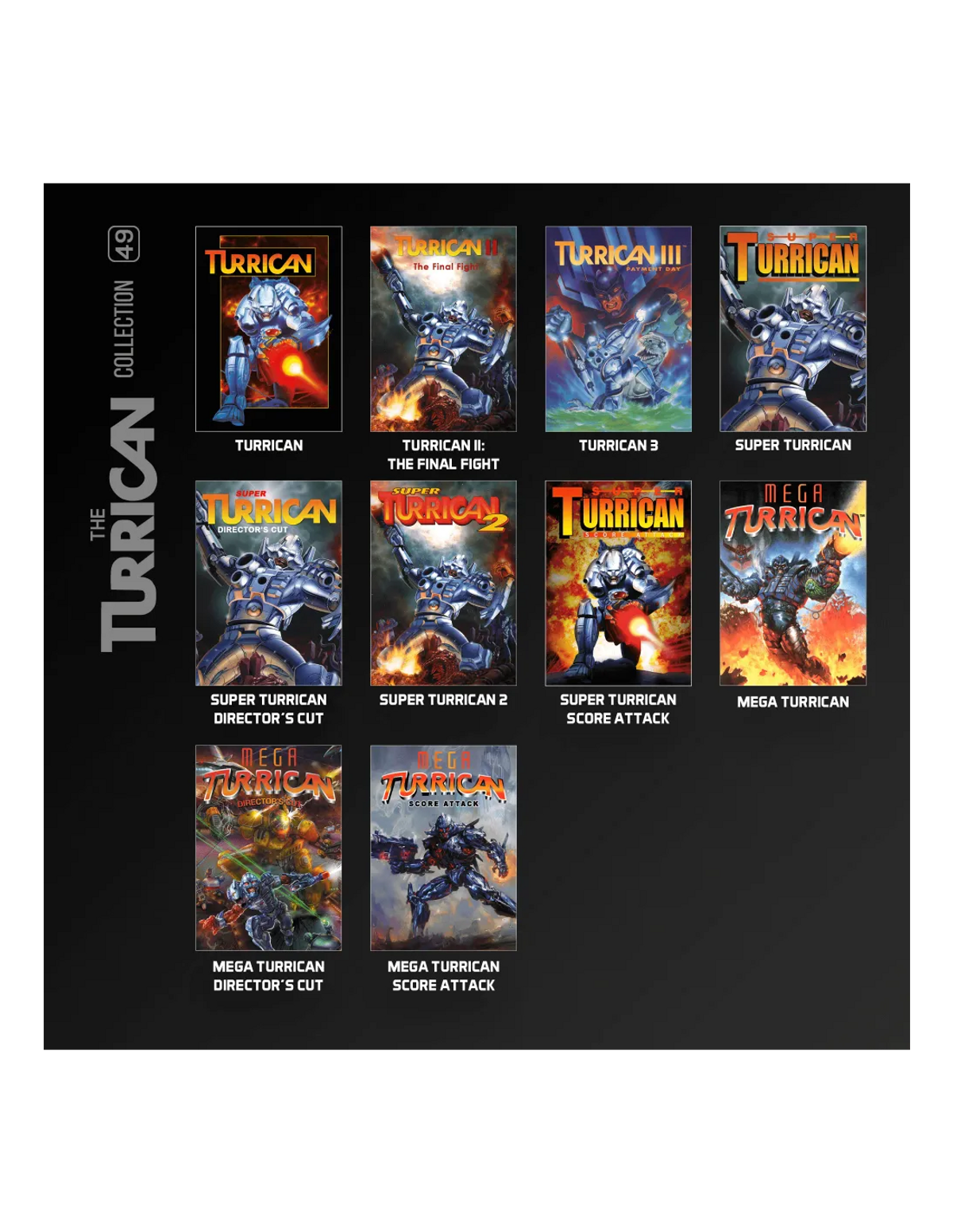 Collage de portadas de juegos de Turrican con robots y elementos de ciencia ficción.