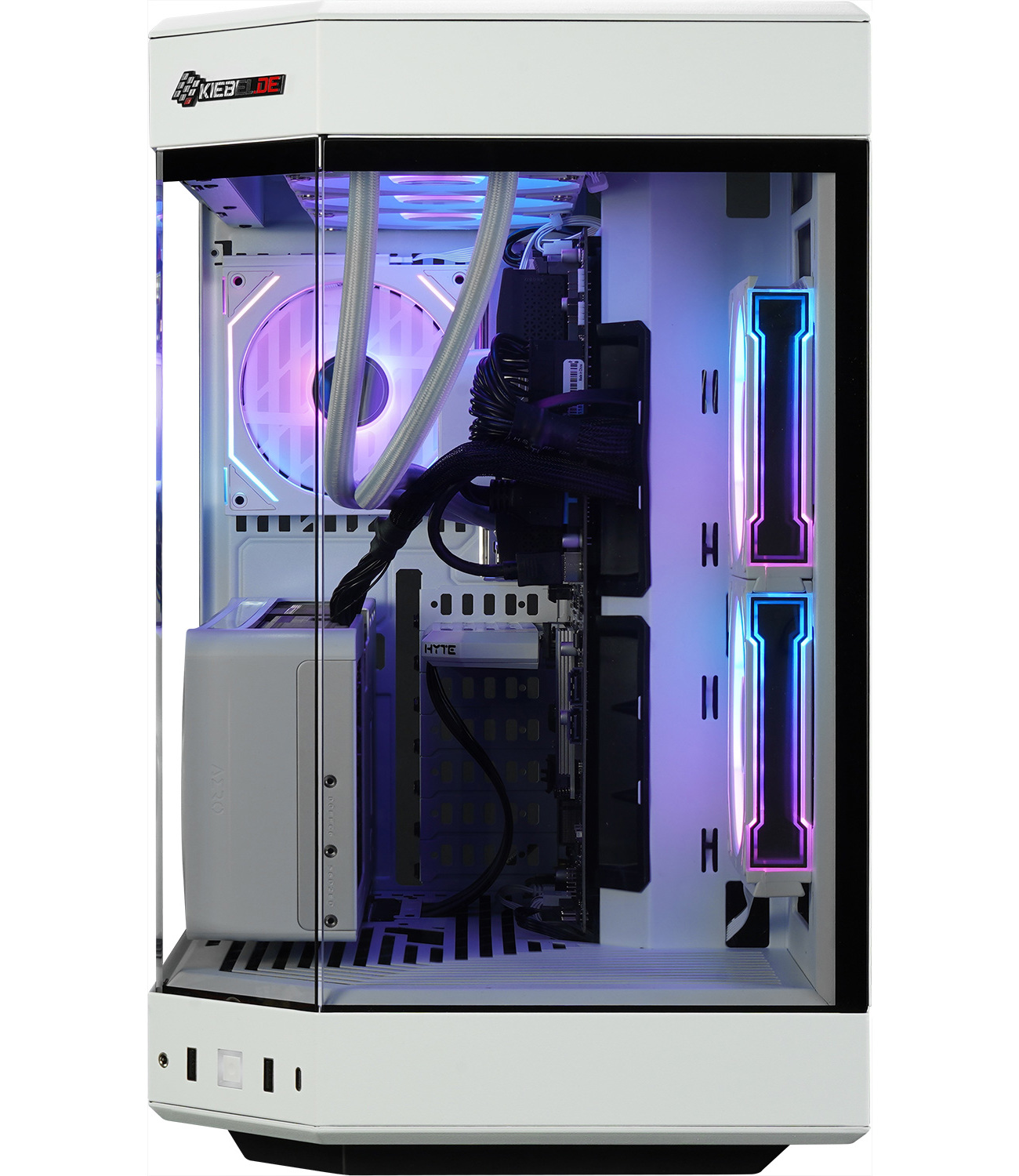 A white PC case with a glass front, illuminated fans, and visible internal components.