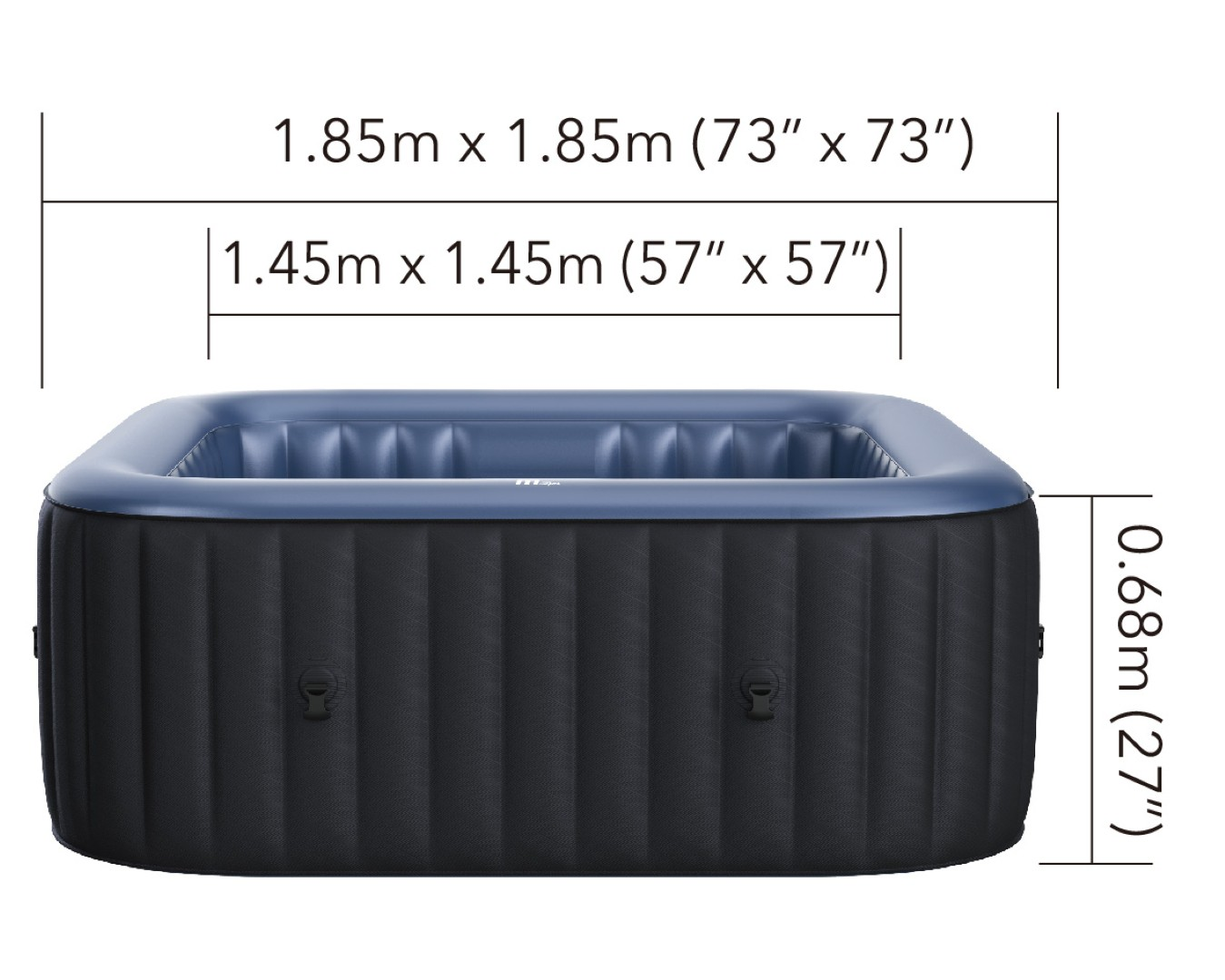 Aufblasbarer Whirlpool mit Maßen: 1,85m x 1,85m außen, 1,45m x 1,45m innen, 0,68m hoch.