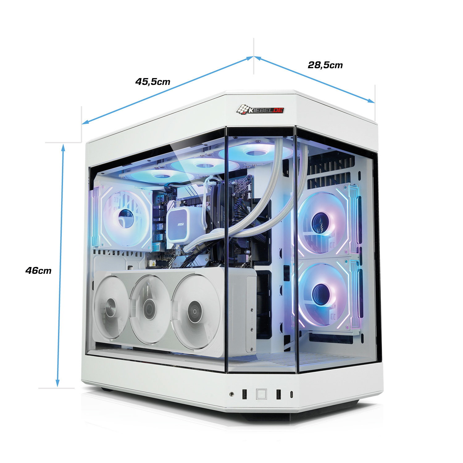 A white computer case with glass sides and RGB fans.
