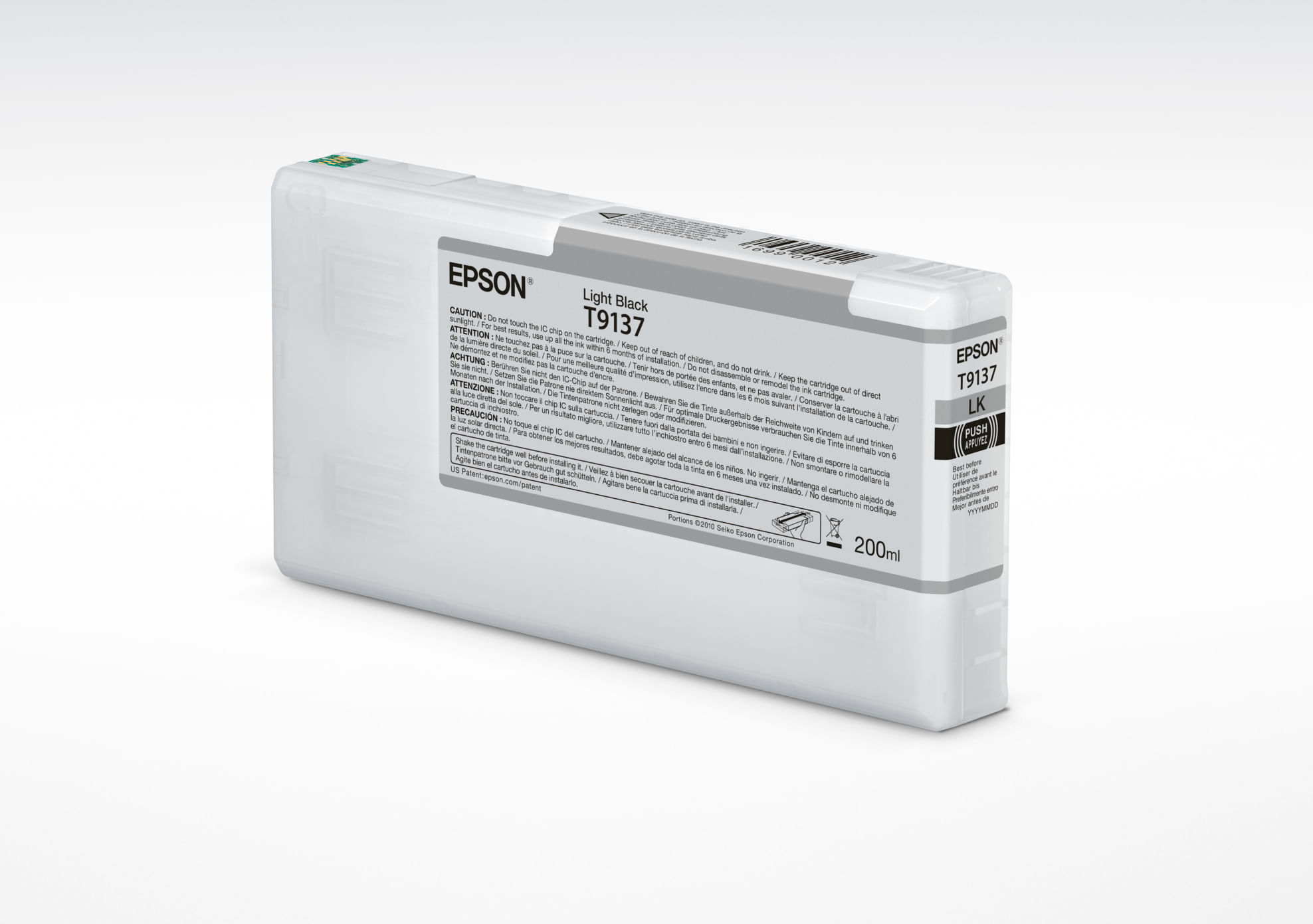 Tusz Epson Light Black T9137, 200ml. Zawiera ostrzeżenia i instrukcje instalacji.