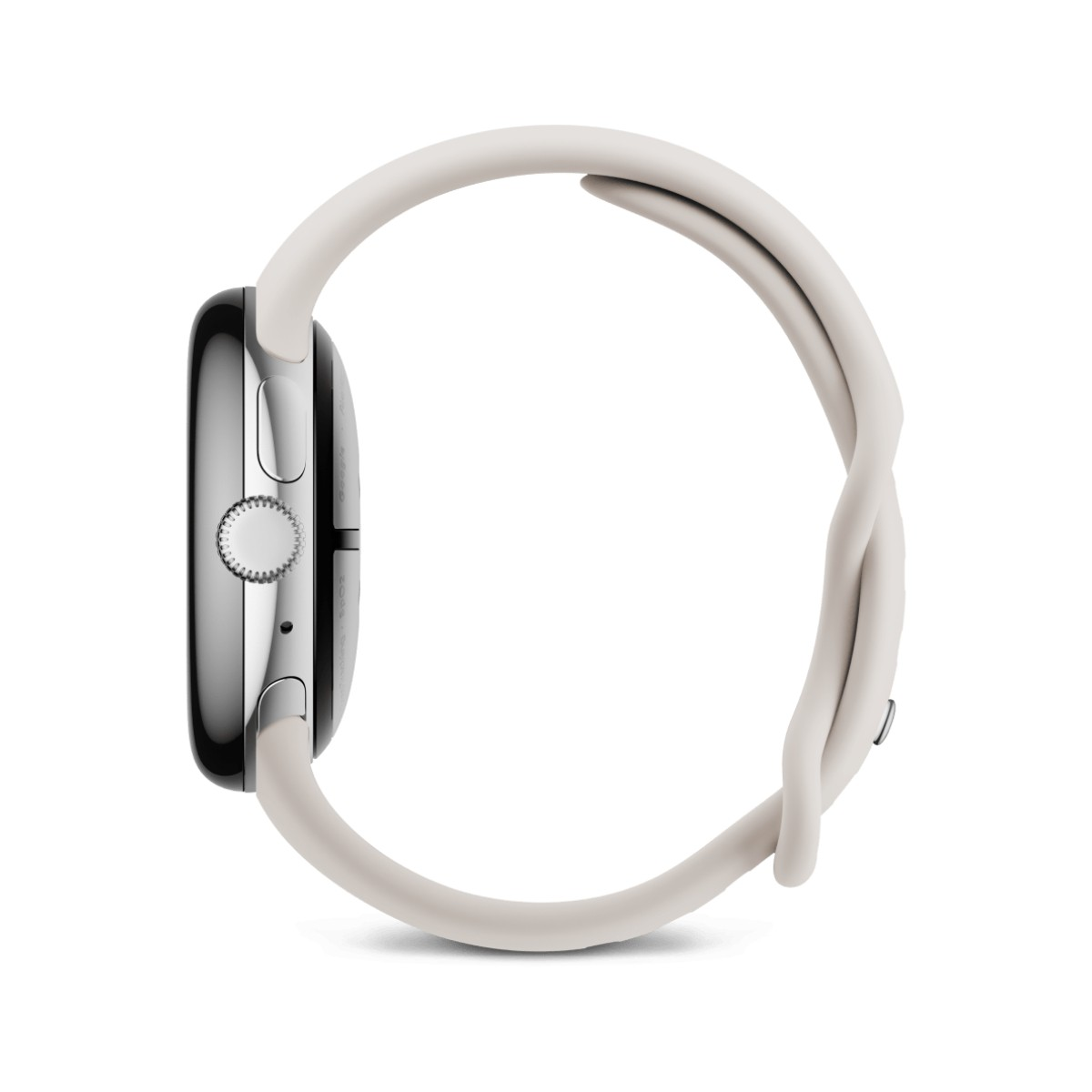 Srebrny smartwatch z kremową, skręconą bransoletą.