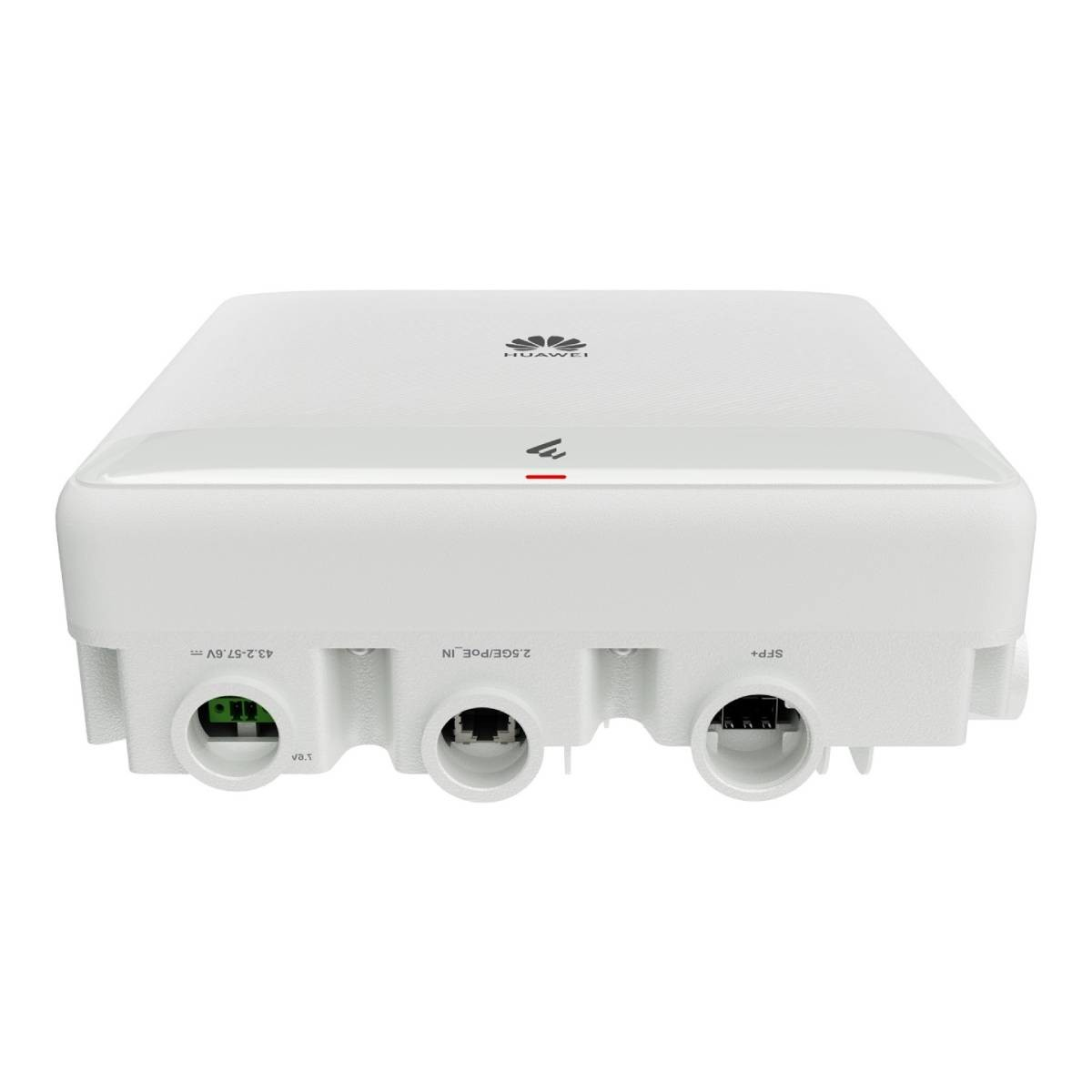 Un dispositivo Huawei bianco con porte per connessioni di alimentazione e rete.