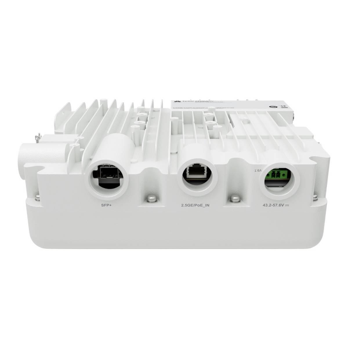 Un dispositivo di rete bianco con porte: SFP+, 2.5GE/PoE_IN e 43.2-57.6V.