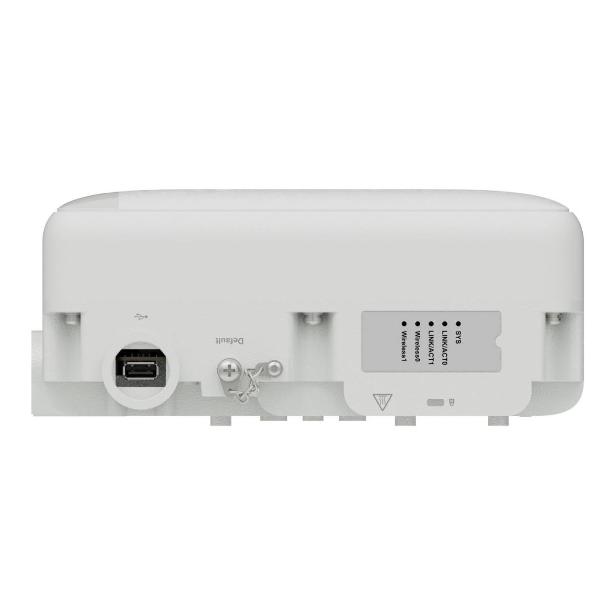 Unità bianca con porta USB, pulsante di reset e indicatori.