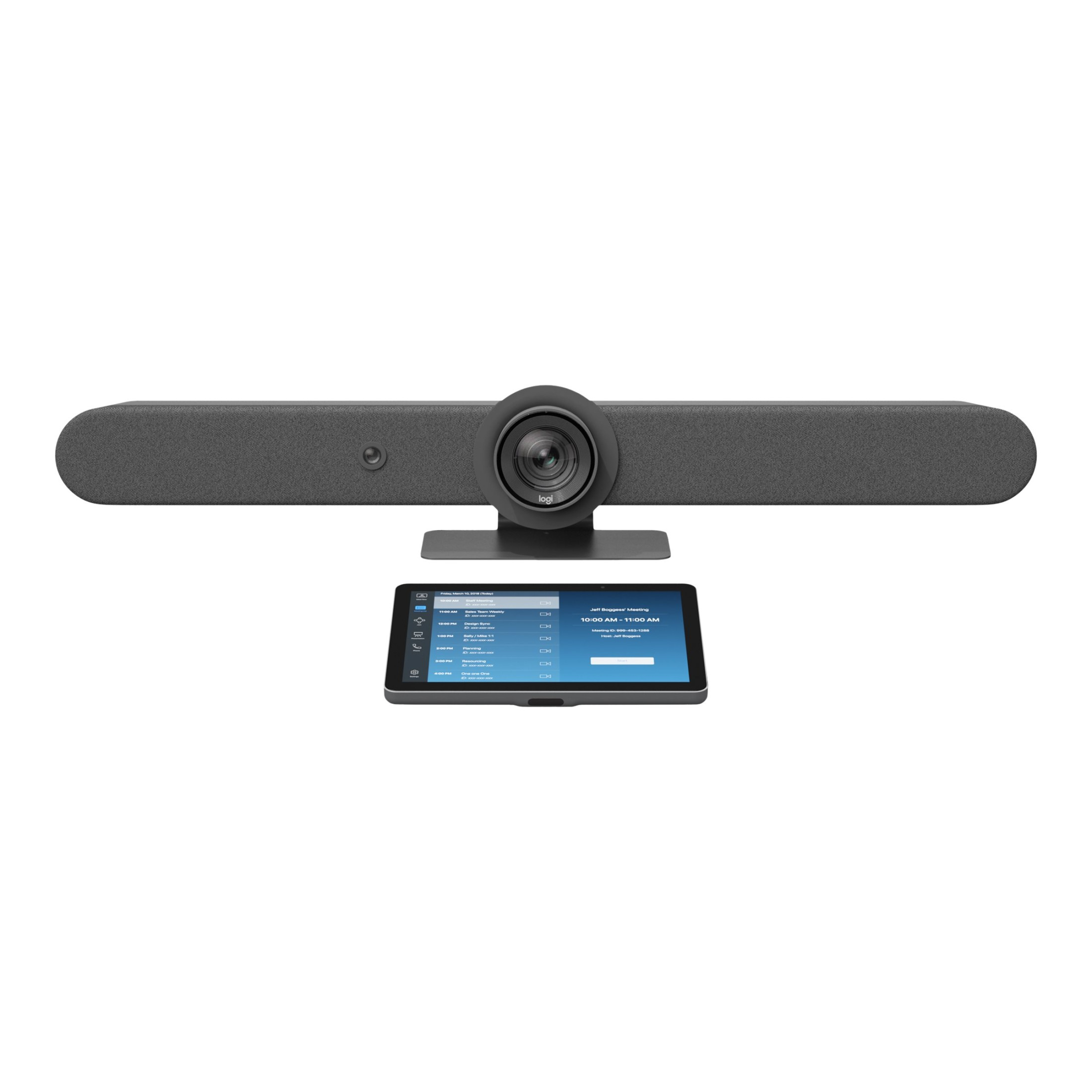 Una barra per videoconferenze grigia con telecamera e tablet che mostra un calendario.