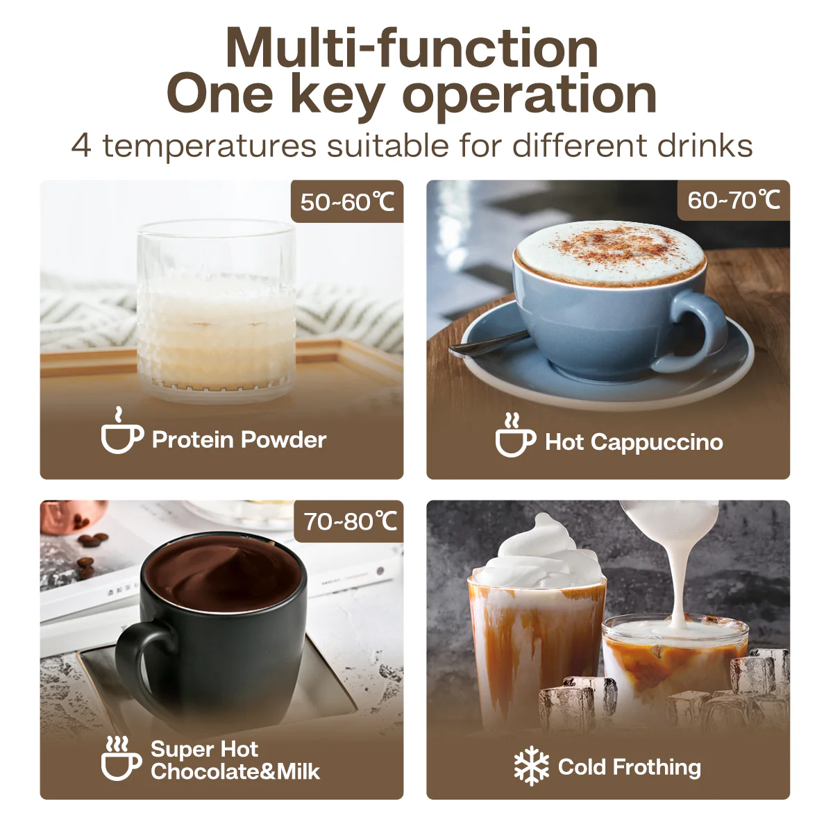 Quatre boissons : shake protéiné, cappuccino, chocolat, mousse de lait.