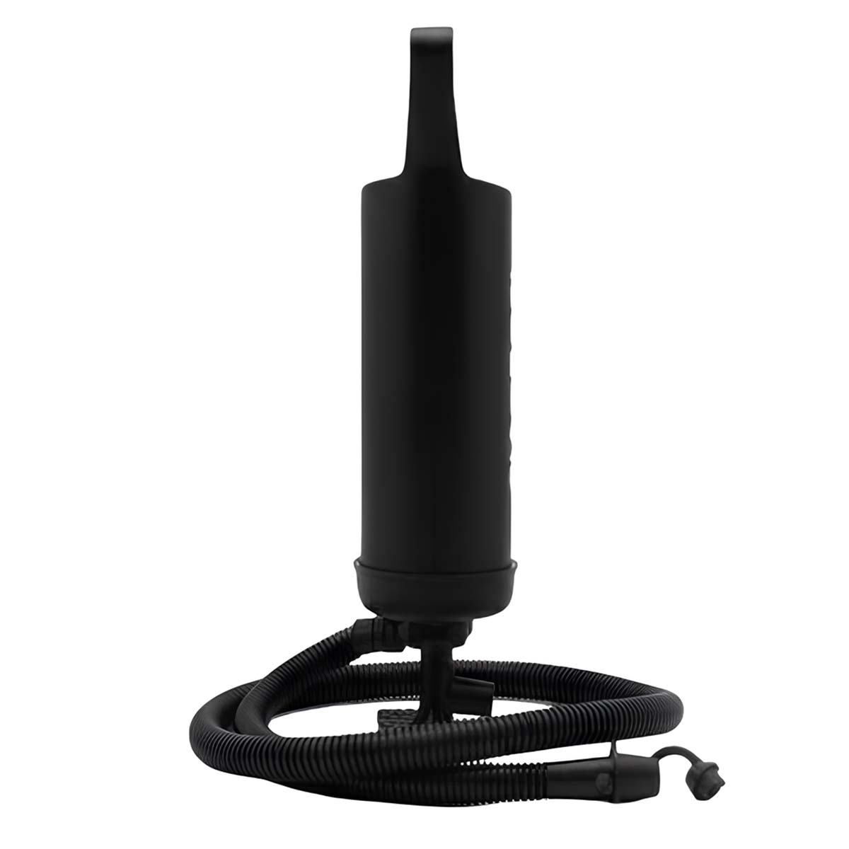 Eine schwarze Luftpumpe mit Schlauch auf weißem Hintergrund.