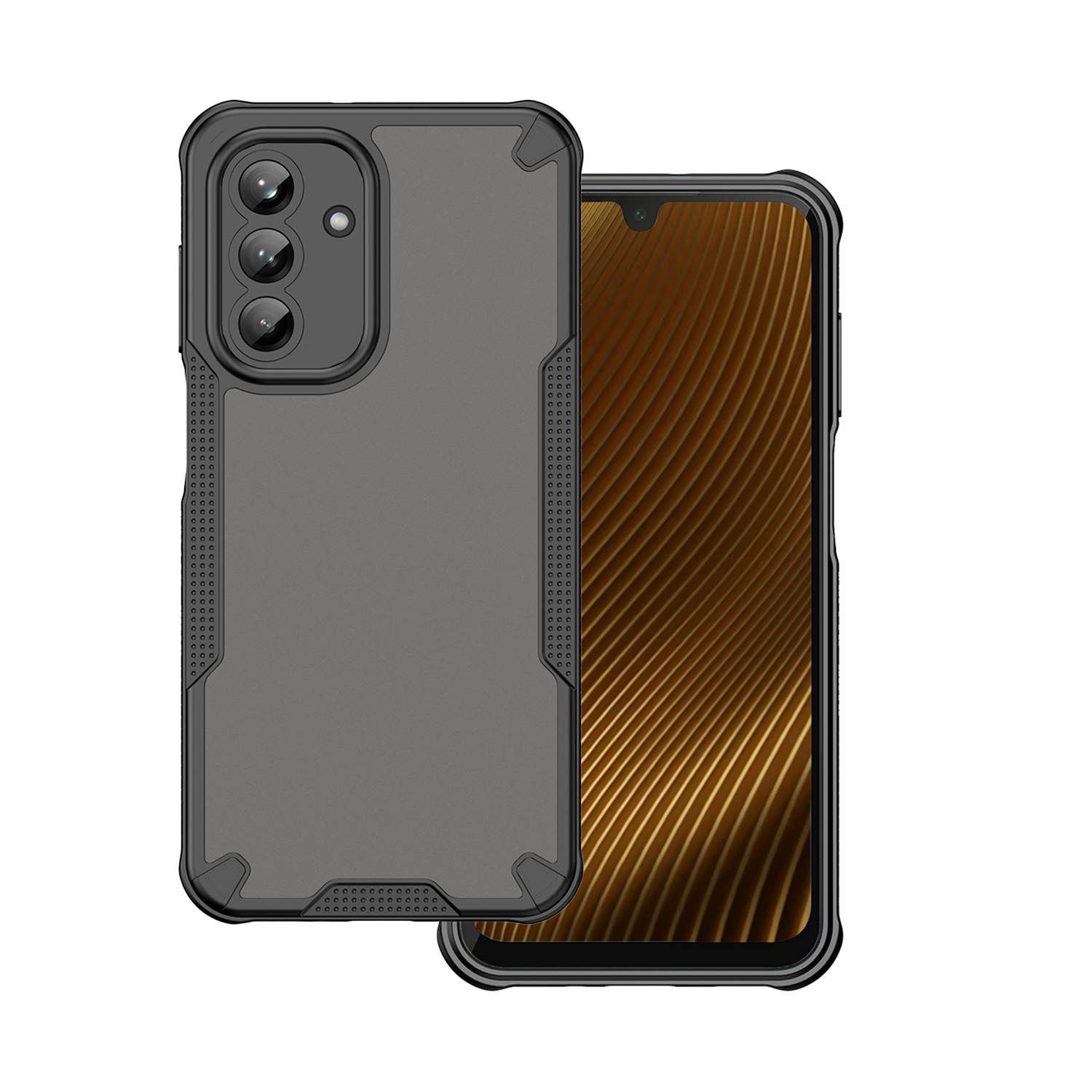 Graue Handyhülle mit dreifacher Kamera und stilvollem Display.