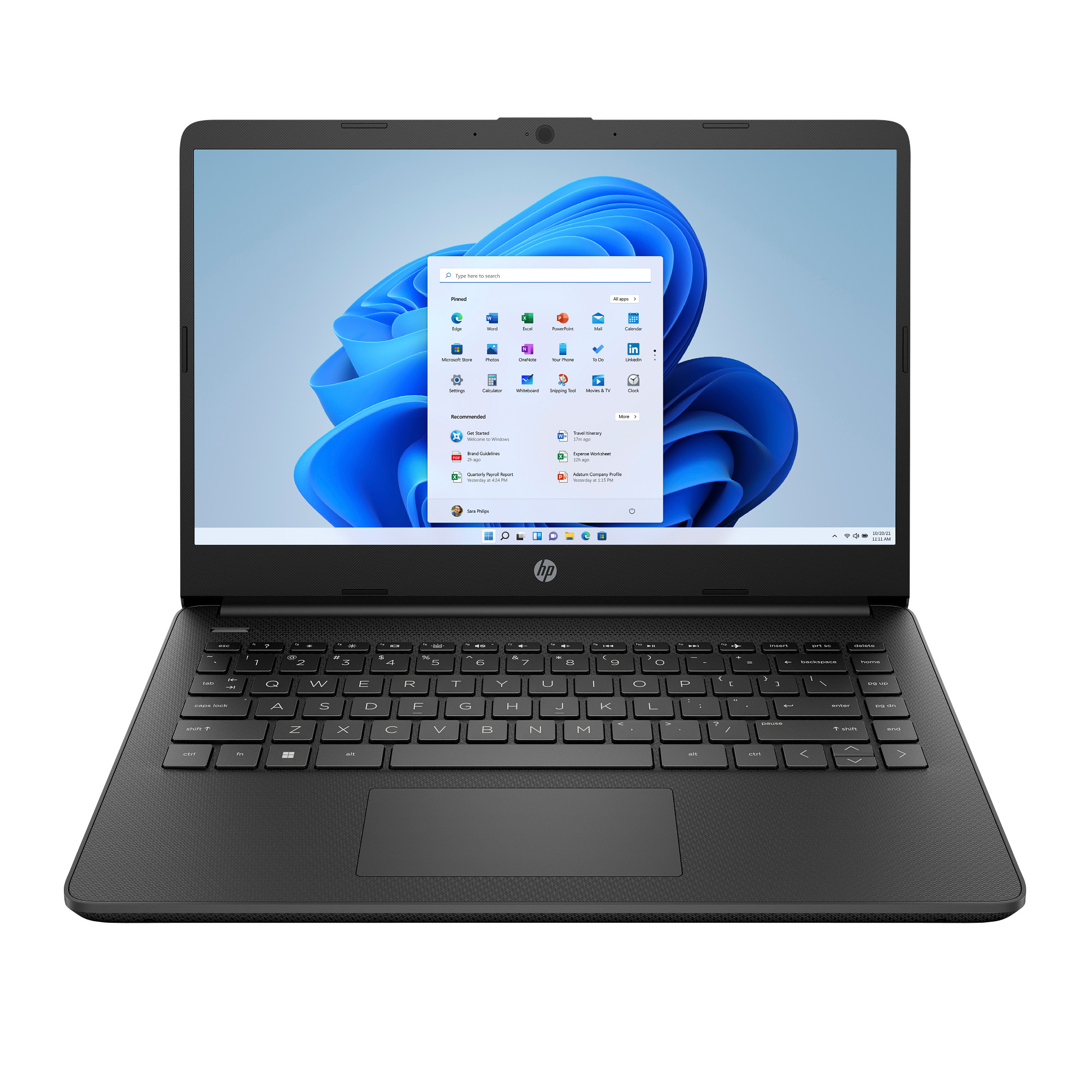 Ein schwarzer HP Laptop mit geöffnetem Bildschirm, der das Windows 11 Startmenü zeigt.