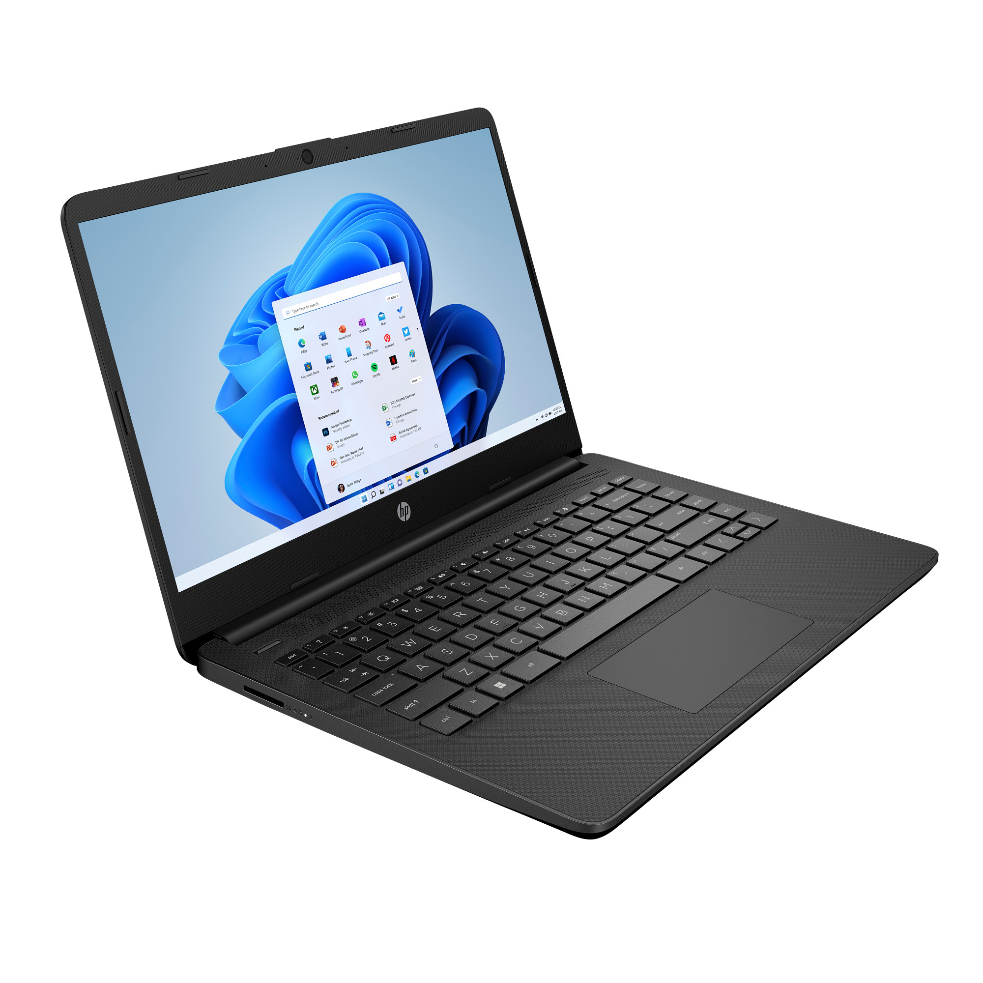 Schwarzer HP Laptop mit geöffnetem Windows 11 Startmenü und blauer Tapete.