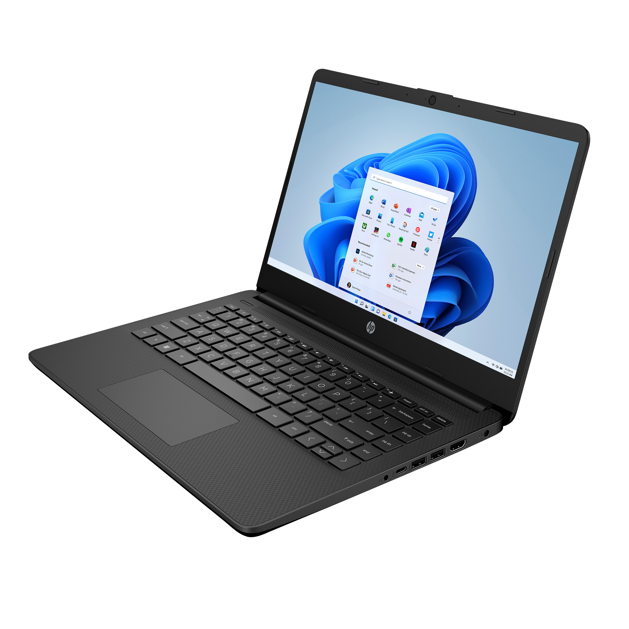 Ein schwarzer HP Laptop mit Windows 11 und offenem Startmenü.