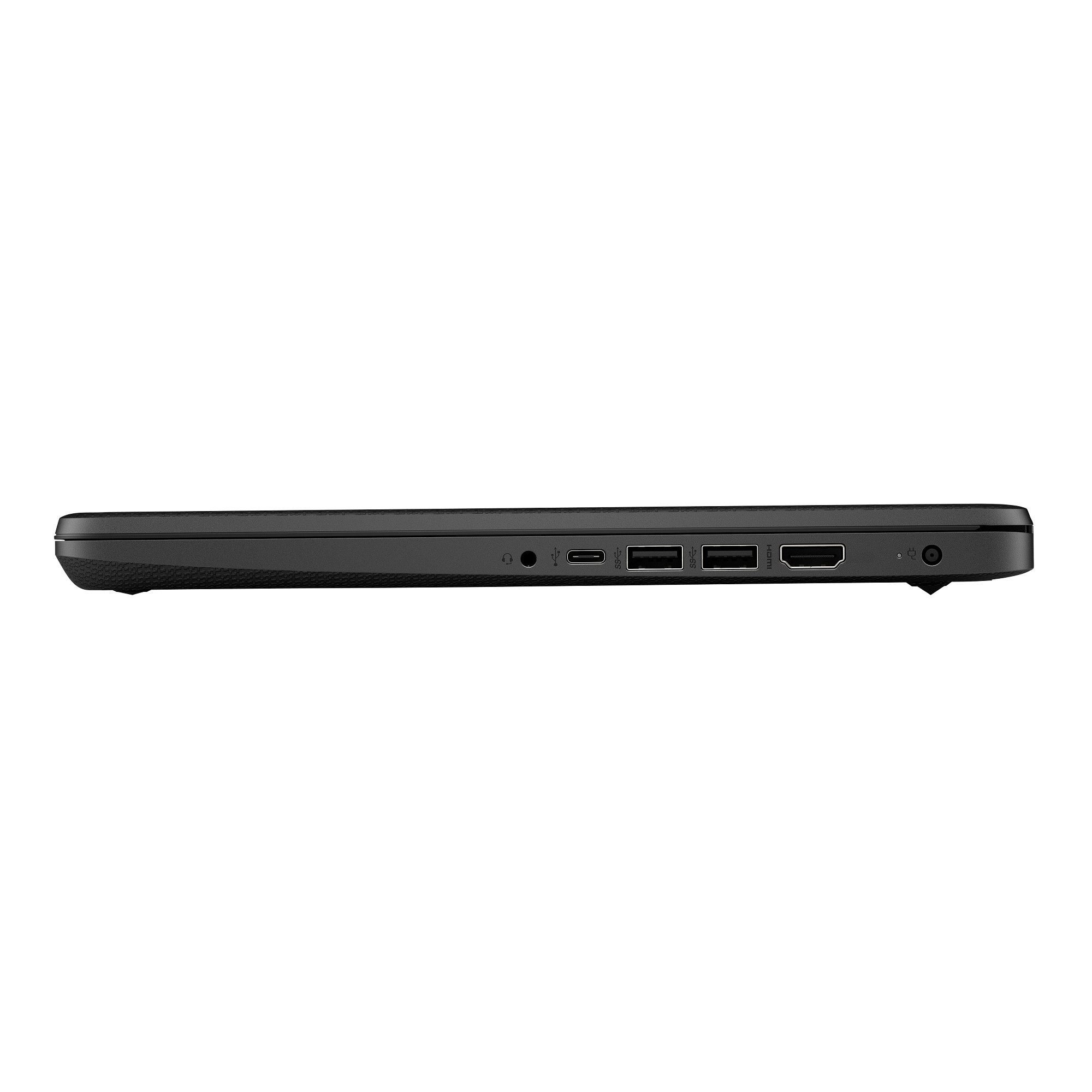 Seite eines schwarzen Laptops mit Anschlüssen: Kopfhörer, USB-C, USB-A, HDMI.