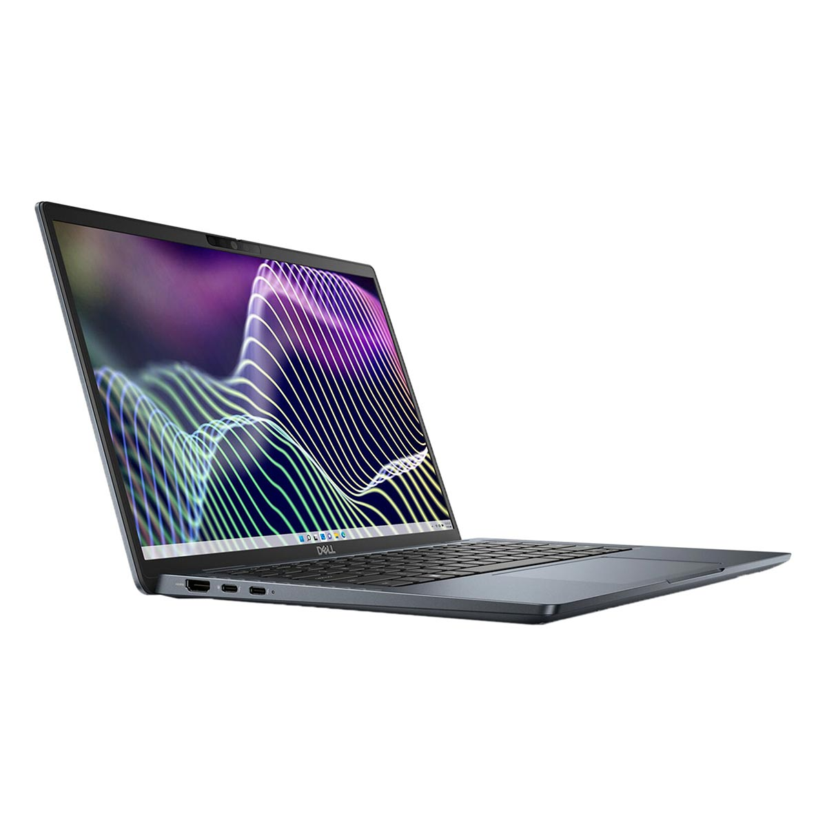 Otwarty szary laptop z falistym wzorem na ekranie.