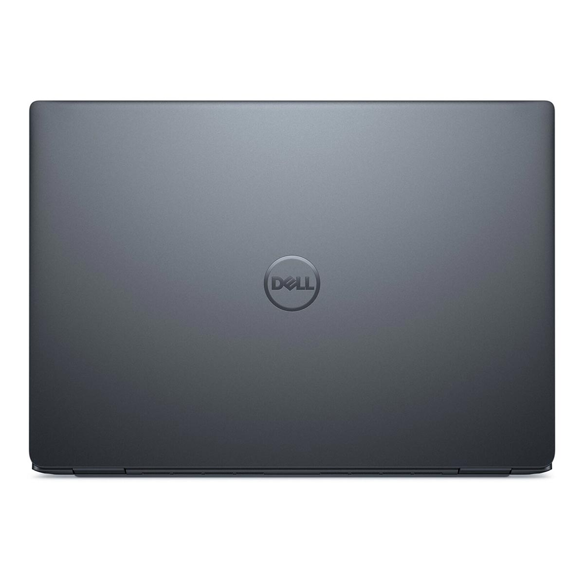 Zamknięty szary laptop Dell z logo pośrodku.