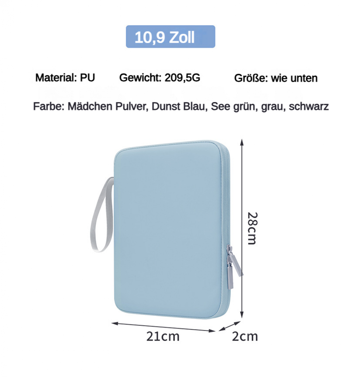 Hellblaue Tasche mit Reißverschluss, Maße 21x28x2cm. PU-Material.
