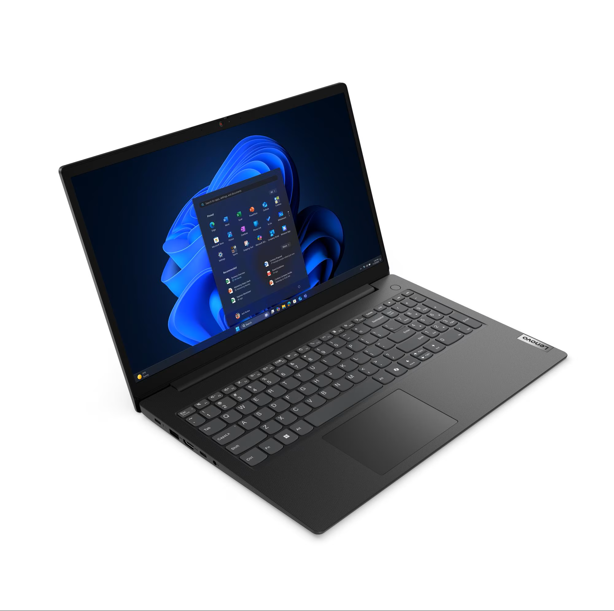 Ein schwarzer Laptop mit einem geöffneten Windows 11-Startmenü und Tastatur.