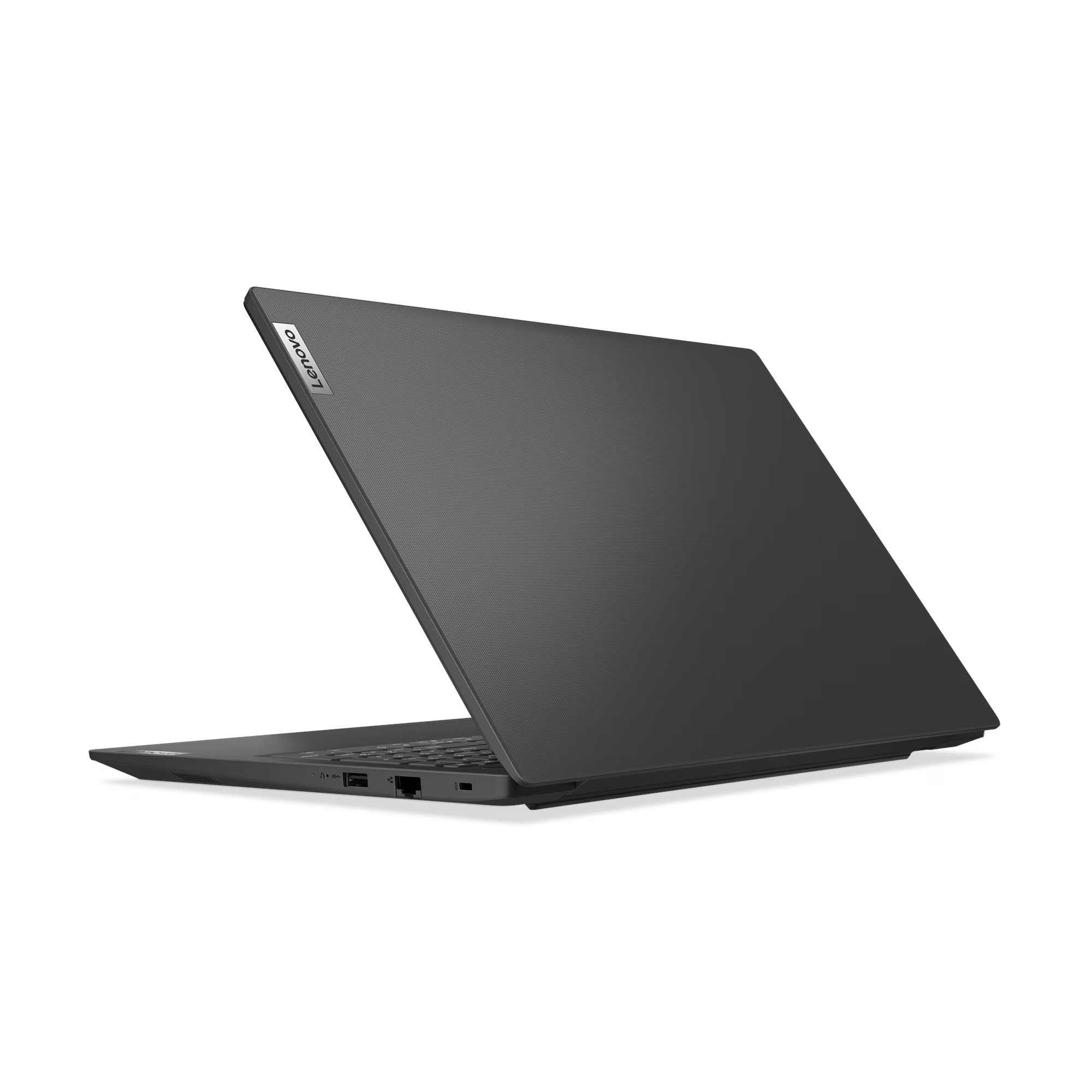 Ein geschlossener, dunkler Lenovo Laptop auf weißem Hintergrund.