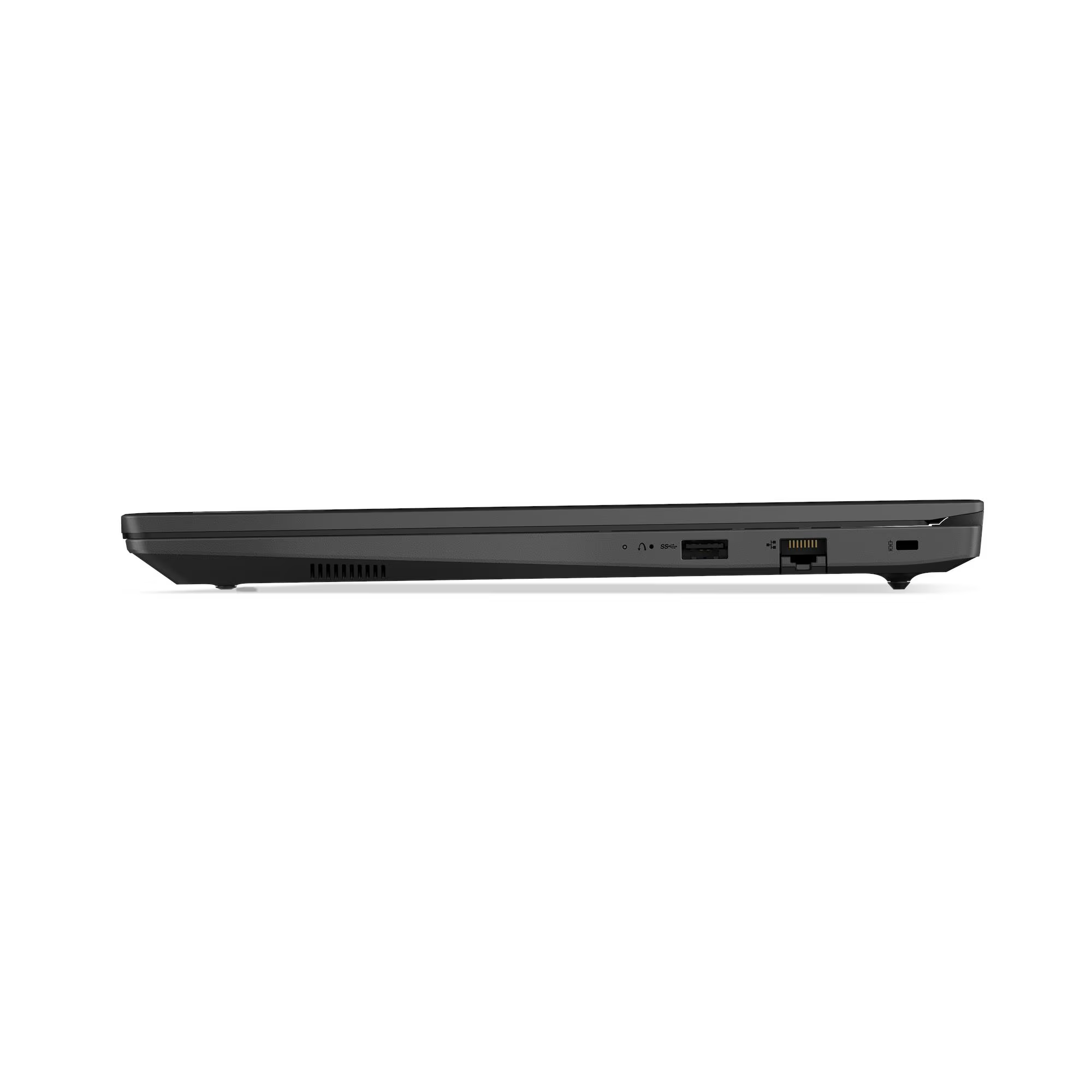 Seite eines schwarzen Laptops mit Anschlüssen und Lüftungsschlitzen.