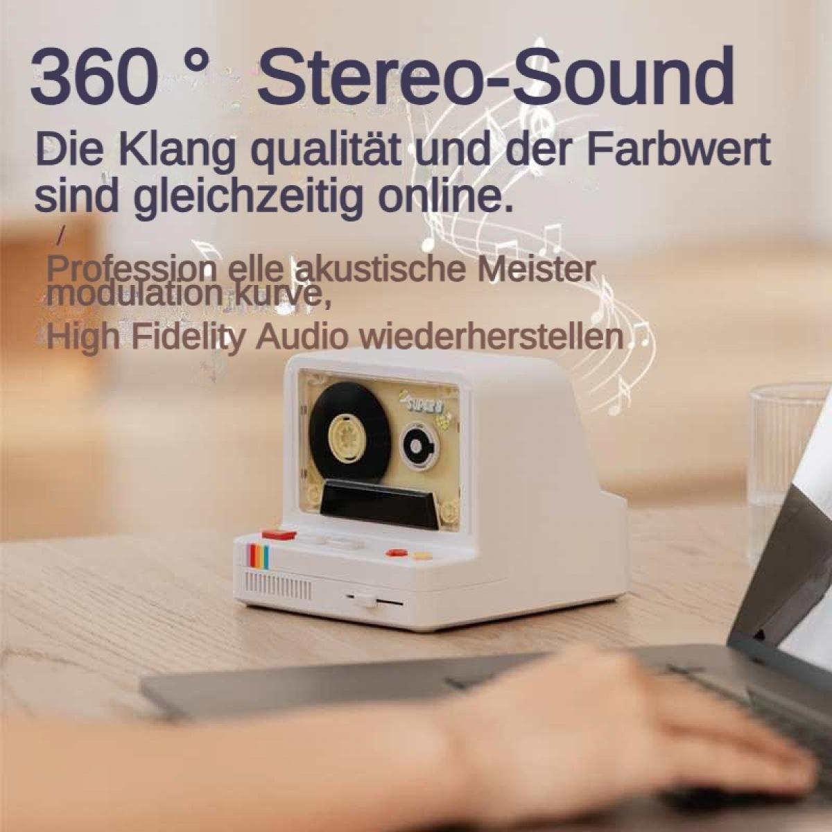 Ein weißer Lautsprecher in Kassettenform mit 360° Stereo-Sound.