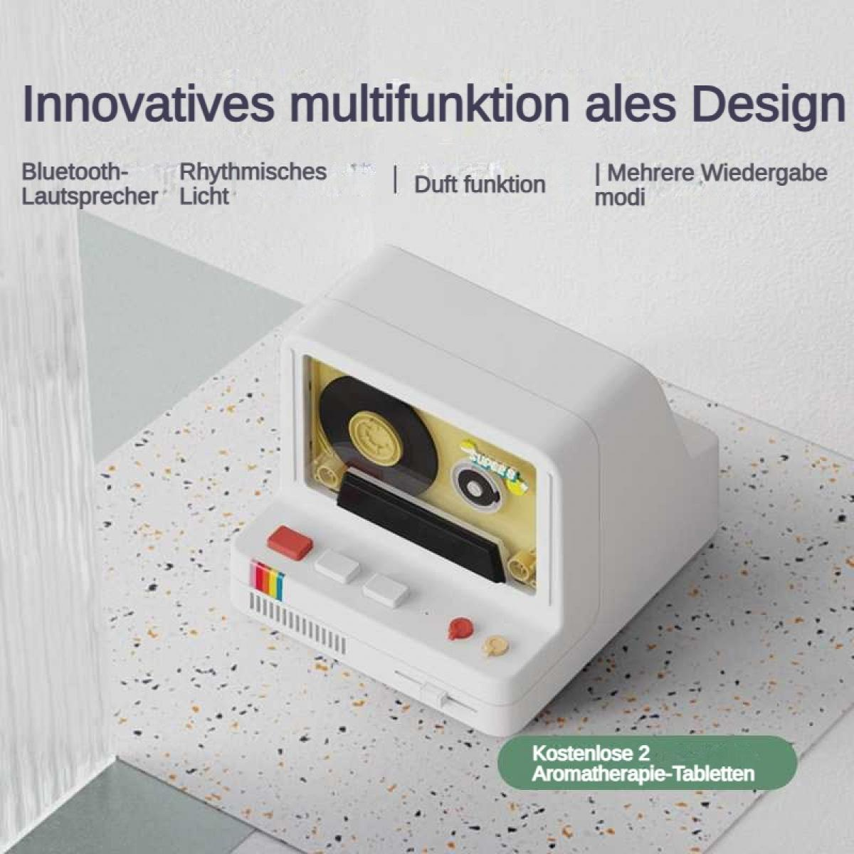 Ein weißer Retro-Lautsprecher mit Kassettenfach und Bedienelementen.