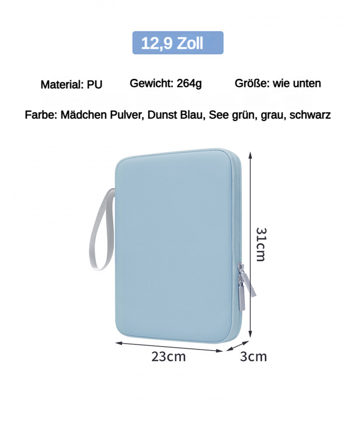 Hellblaue Hülle, 31x23x3cm. Material: PU, Gewicht: 264g.
