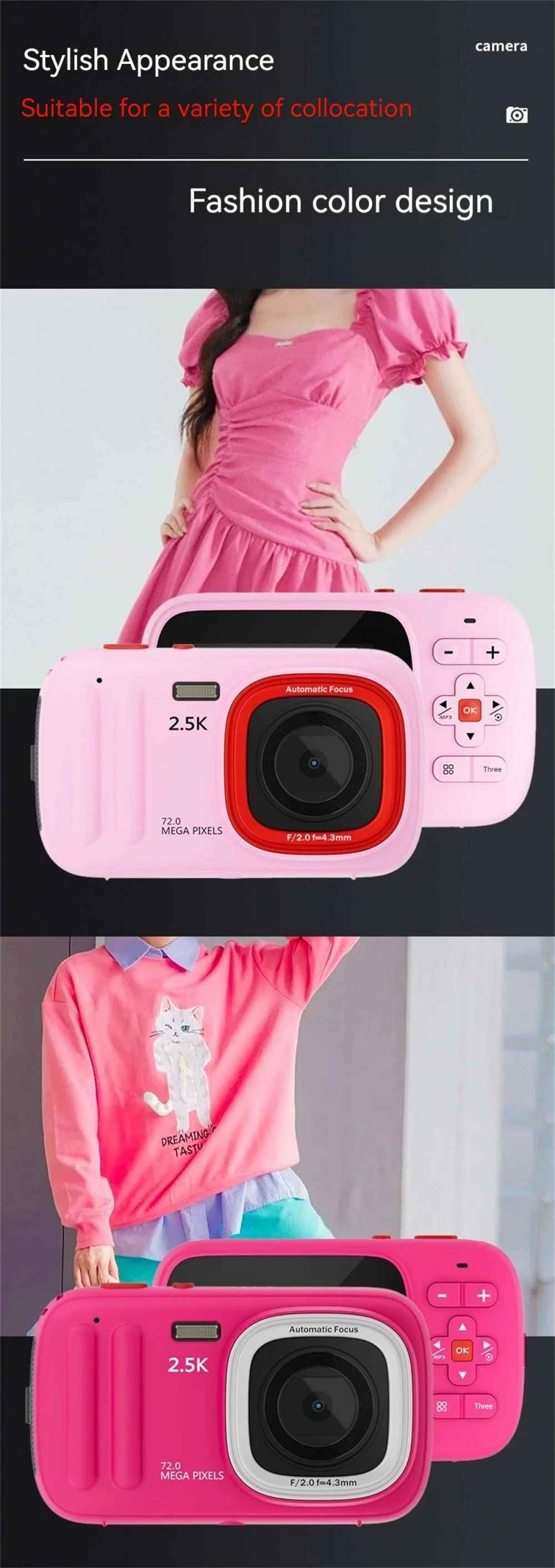 Ein rosafarbenes Digitalcamera mit Katzen-Sweater.