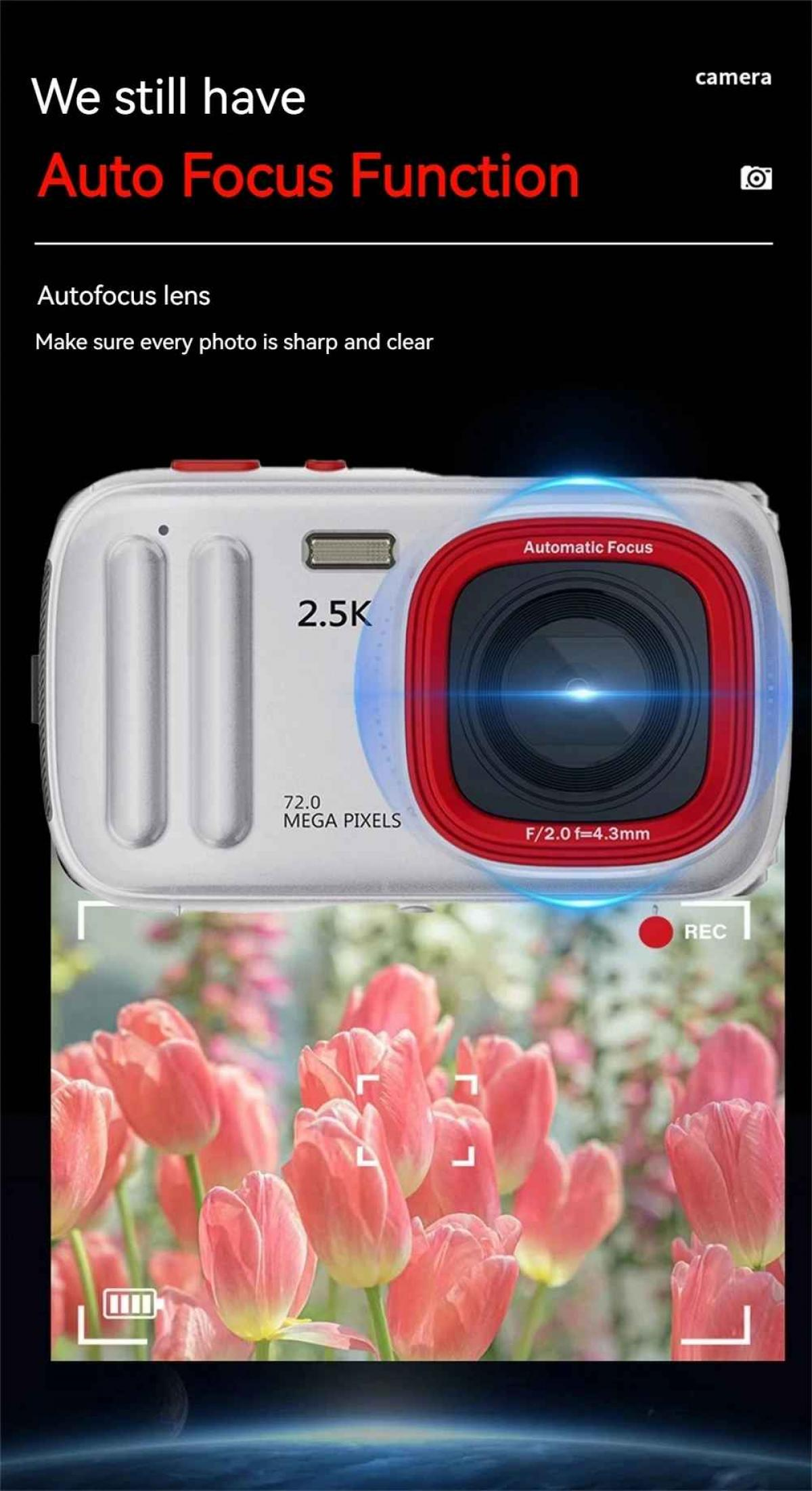 Kamera mit Autofokus, 2,5K Auflösung, 72 MP, zeigt Tulpen.