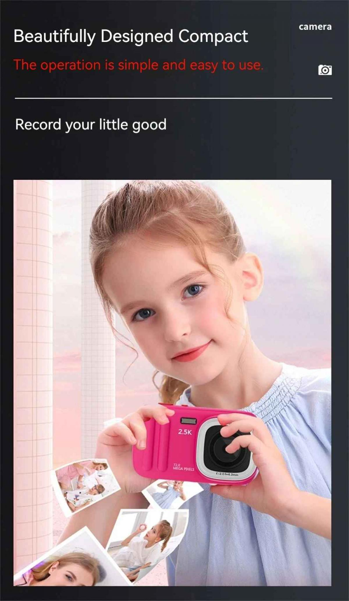 Ein Mädchen hält eine pinke Kamera mit Fotos von Kindern, die einfach zu bedienen ist.