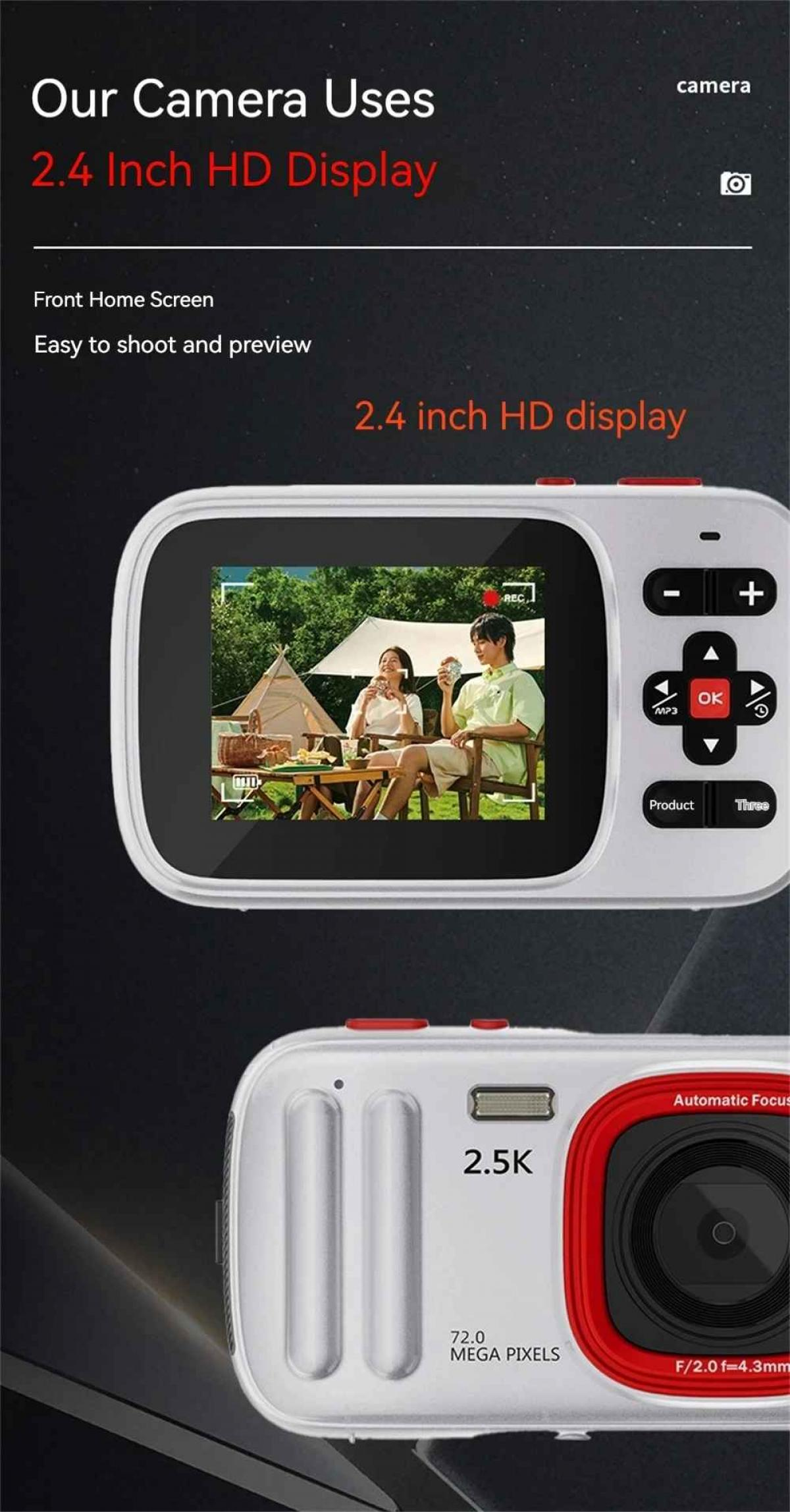 Eine weiße Kamera mit 2,5K Auflösung und 72 Megapixeln, mit Fokus auf die Linse.