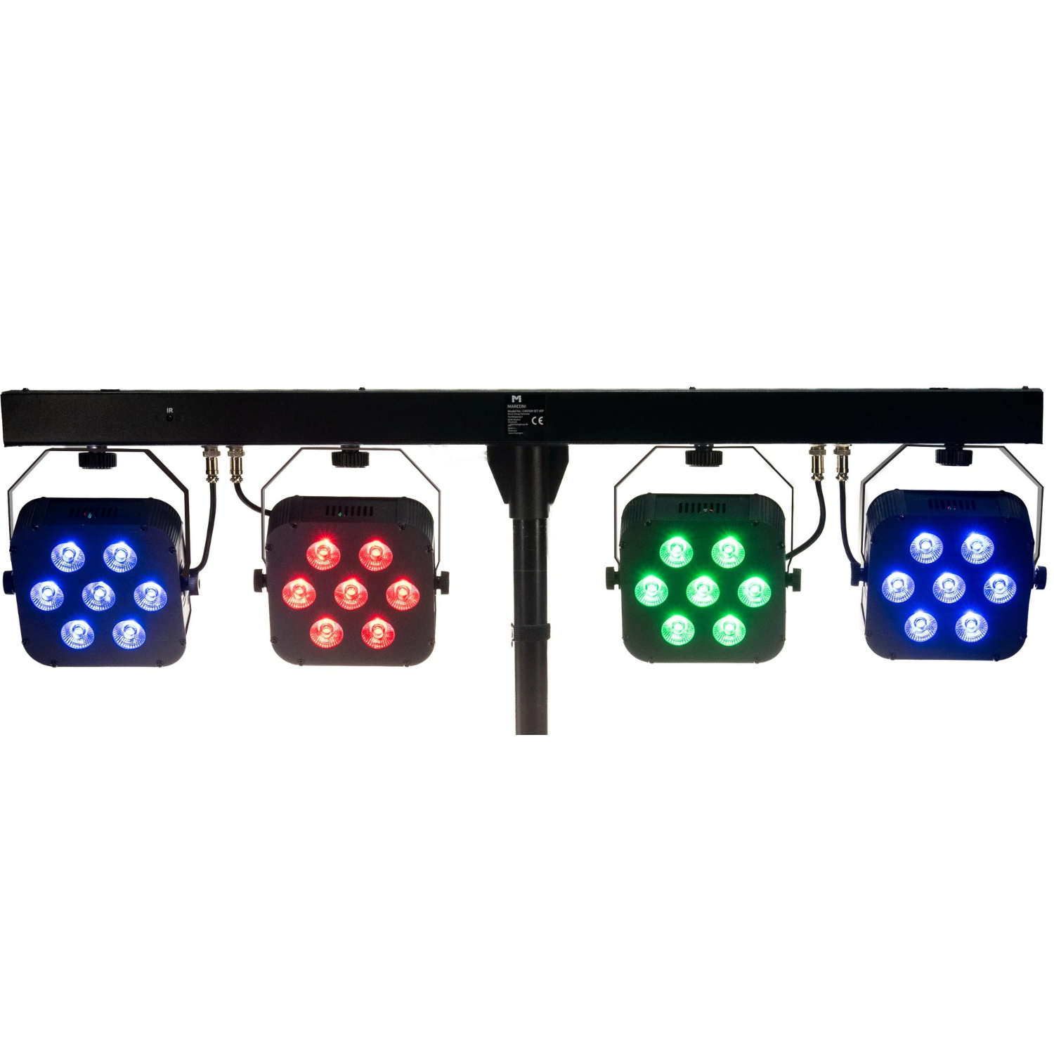 Vier LED-Scheinwerfer in Blau, Rot, Grün und Blau auf einem schwarzen Balken.