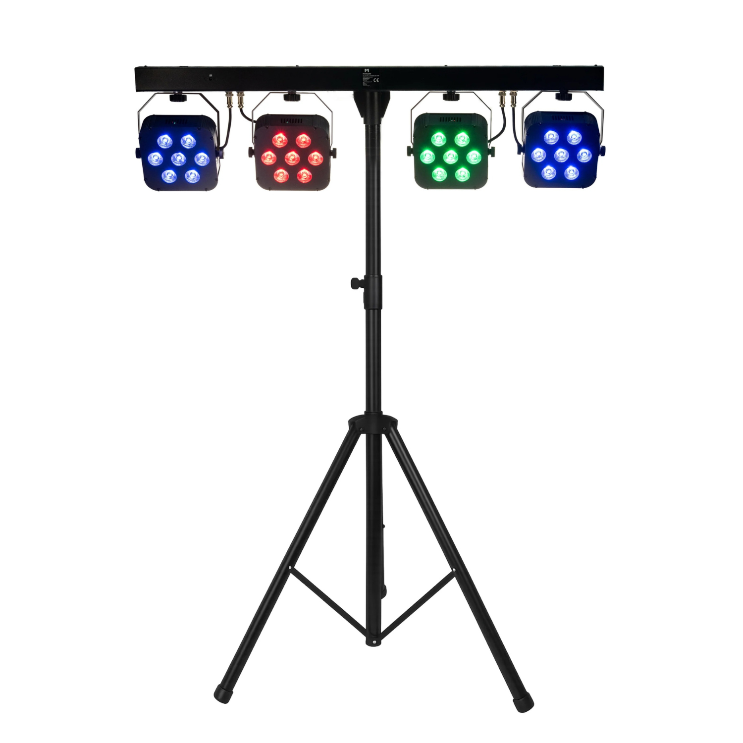 Vier LED-Scheinwerfer in Blau, Rot, Grün und Blau an einem Stativ.